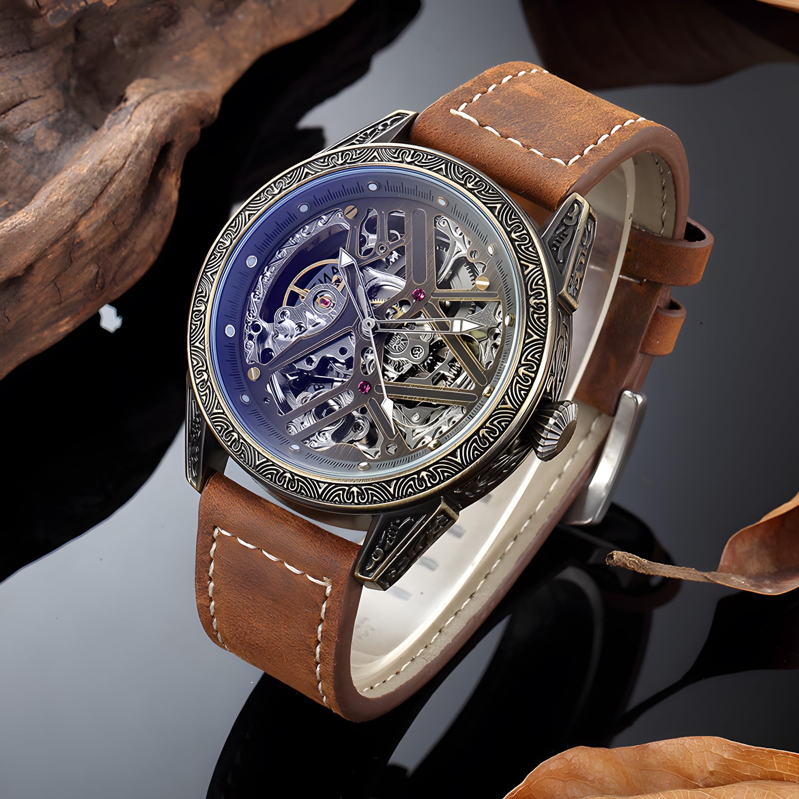 Automatic Men's Watch with Luminous Hands & Skeleton Design - Self-Winding Mechanical Leather Wristwatch CH0933 | Perfect for Business, Formal Events & Everyday Wear