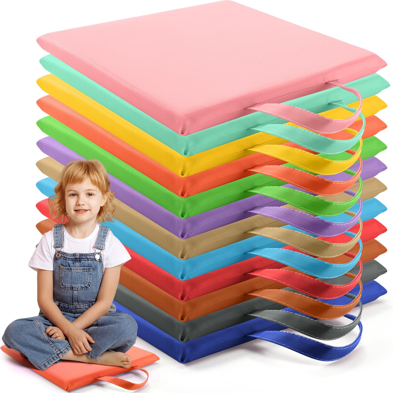 12-Pack Suzile 12'' Square Floor Cushions for Kids - Soft Color Classroom Seating with Handles | Flexible Floor Seating for Toddlers, Daycare & Preschool | Durable & Portable for Reading Nooks, Circle Time & Play Areas