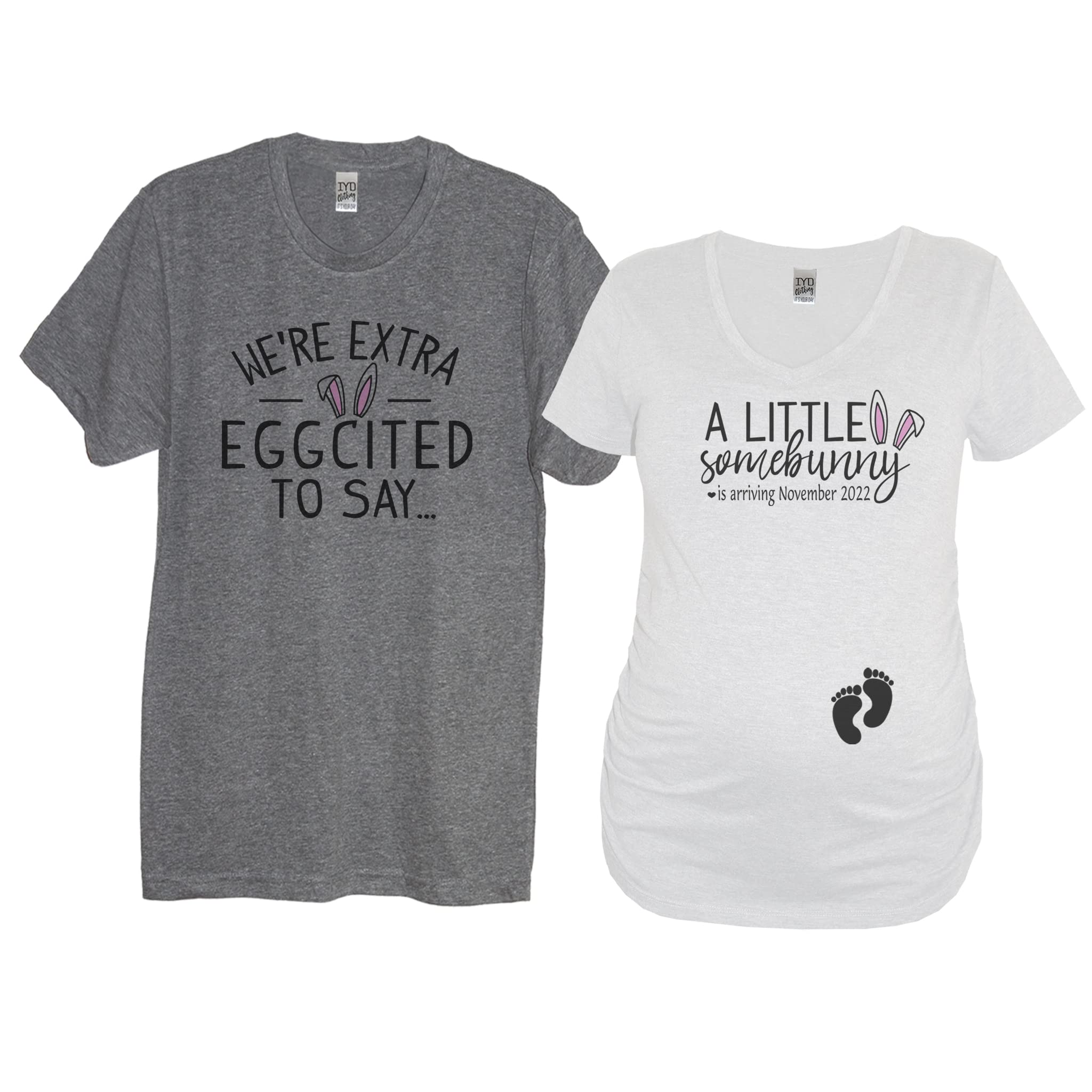 Personalized Couples Easter Pregnancy Announcement T-Shirts - Funny Matching Mommy & Daddy Maternity Shirts Set (Eggcited To Say Somebunny Cute) - Perfect for Gender Reveal, Baby Shower & Easter Photo Shoots