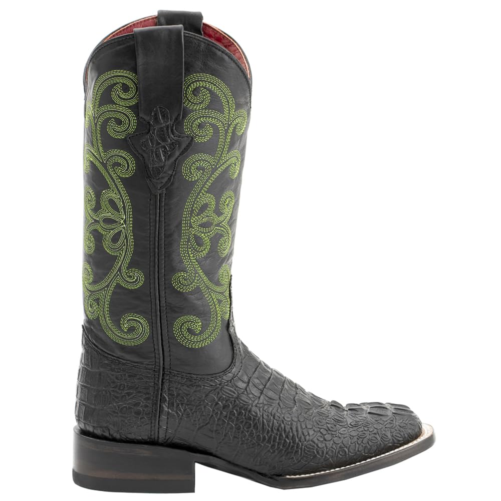 Women's Stampede Crocodile Embroidered Square Toe Dress Boots - Mid Calf Low Heel (1-2