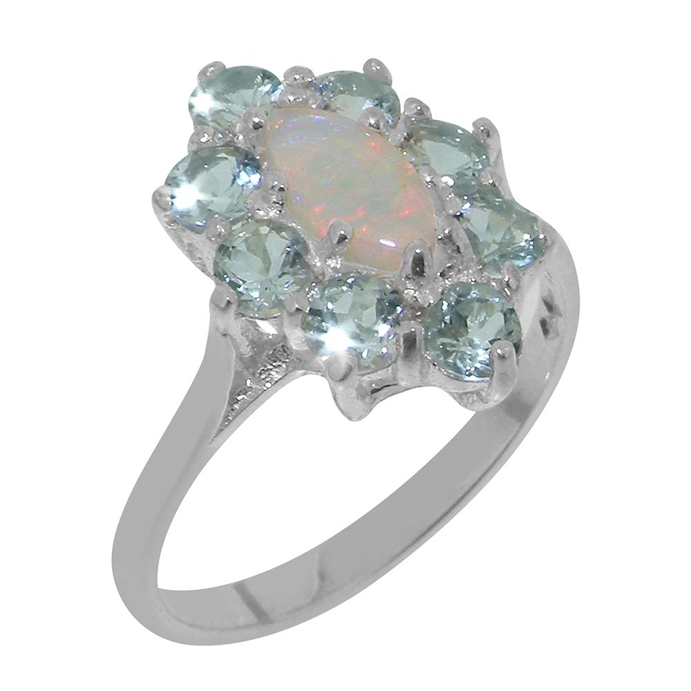 9K White Gold Genuine Natural Opal & Aquamarine Women's Engagement Ring - Size 8 - Perfect for Proposals, Anniversaries & Special Occasions