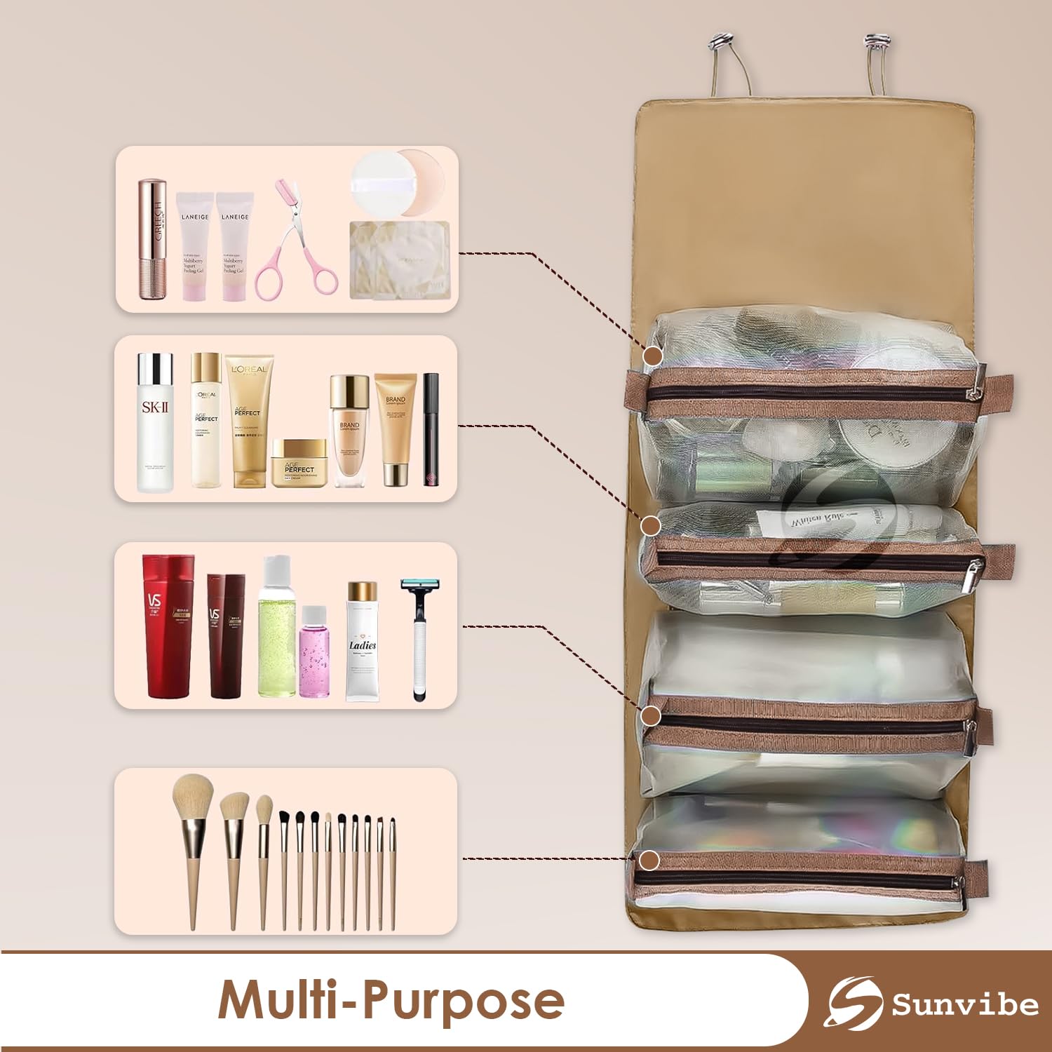 SUNVIBE® 4-in-1 Foldable Hanging Cosmetic Organizer Bag for Women | Travel Toiletry Storage Pouch | Water-Resistant Makeup Bag (Khaki) | Perfect for Vacation, Gym & Daily Use