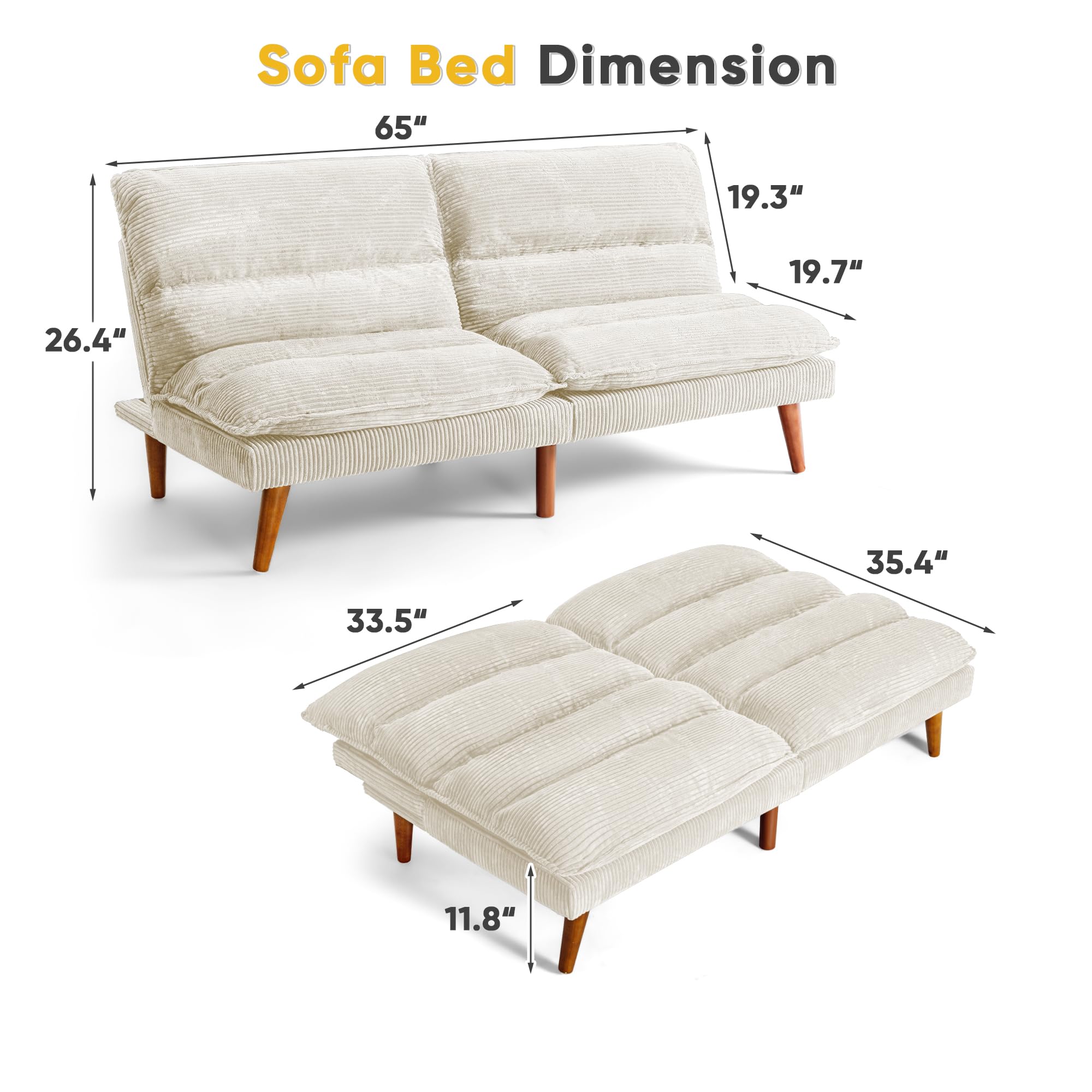Flamaker Convertible Futon Sofa Bed - Adjustable Back Upholstered Sleeper Couch for Living Room, Guest Room & Small Spaces - Corduroy Fabric in Beige - Perfect for Apartments, Dorms & Home Offices
