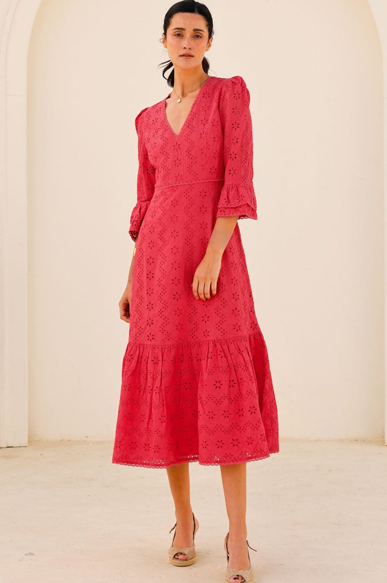 Victoria Broderie Floral Embroidered Maxi Dress - Red | Elegant Summer Beach Wedding Guest Dress for Women