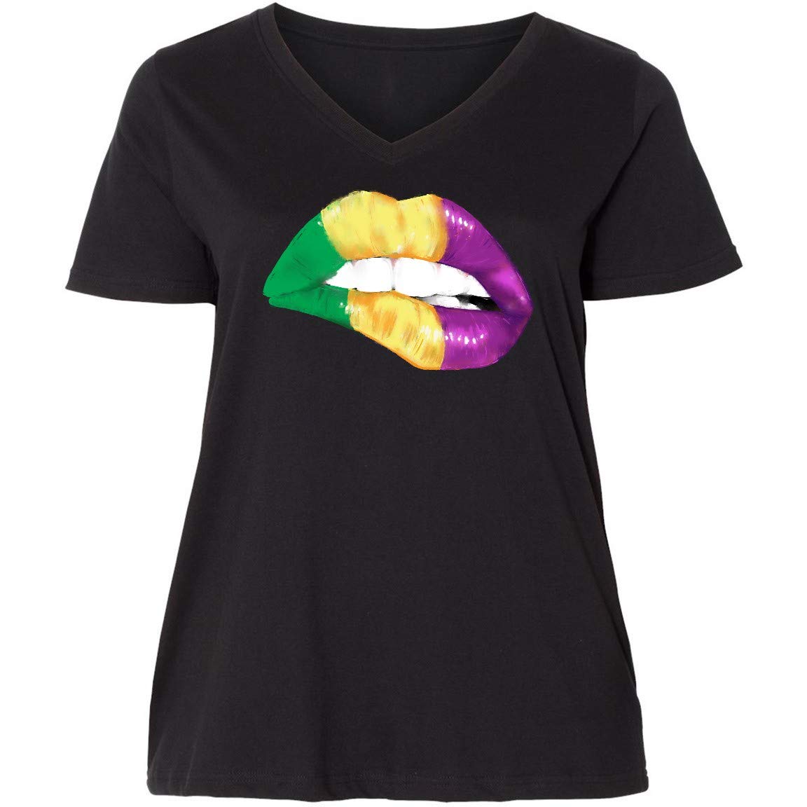 Inktastic Mardi Gras Biting Lips Graphic Tee - Green & Gold Women's Plus Size V-Neck T-Shirt - Perfect for Festivals, Parties & Casual Wear