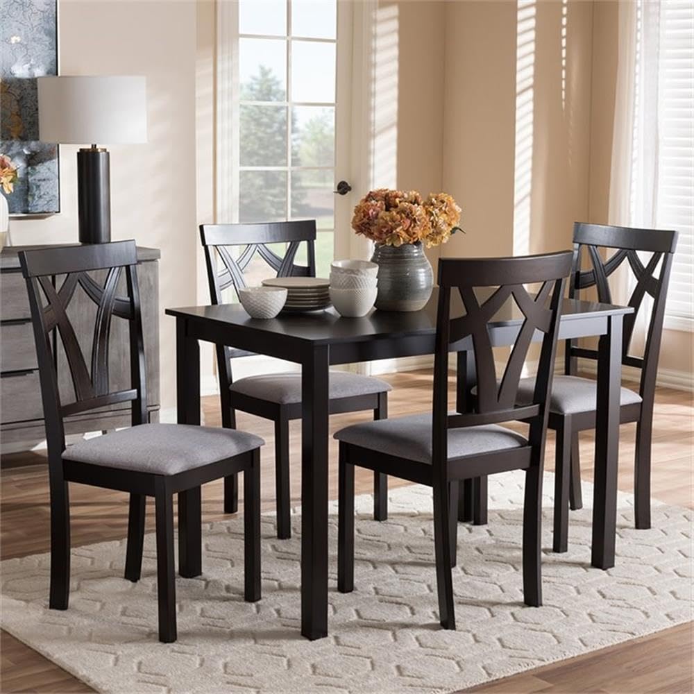 Baxton Studio Sylvia 5-Piece Dining Set - Modern Gray & Dark Brown Wood Table with 4 Chairs for Kitchen, Dining Room, Breakfast Nook & Small Spaces