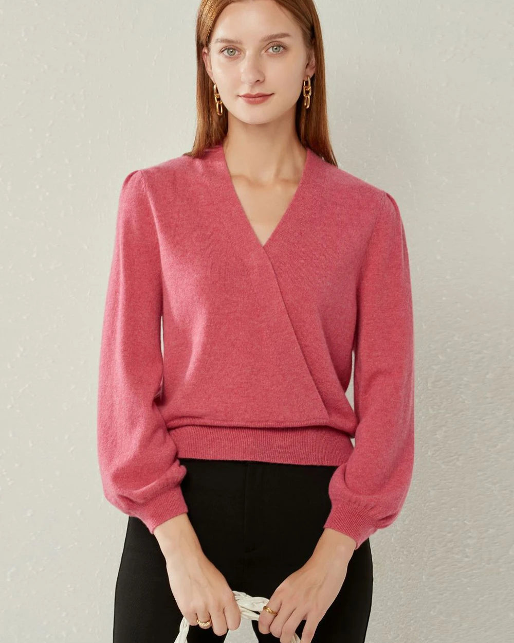 V Neck Lantern Sleeve Cashmere Sweater Women's - Soft Luxurious Winter Pullover for Office, Date Night & Holiday Outfits