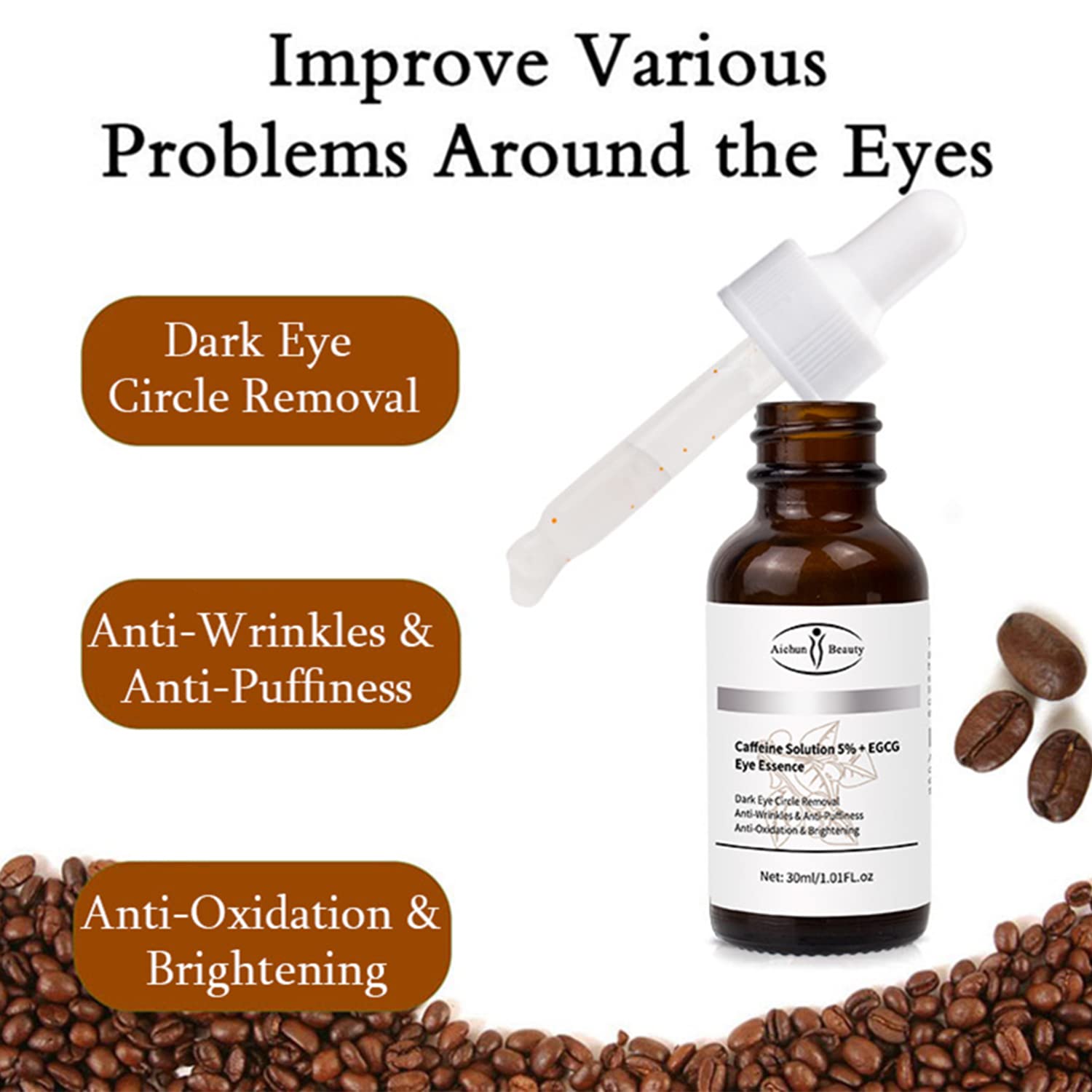 AICHUN BEAUTY 5% Caffeine + EGCG Eye Serum - Anti-Wrinkle, Anti-Acne, Oil Control, Brightening & Pore Minimizing Treatment (30ml/1.01FL.oz) - Dark Circle Relief & Morning Eye Refresh for Tired Skin