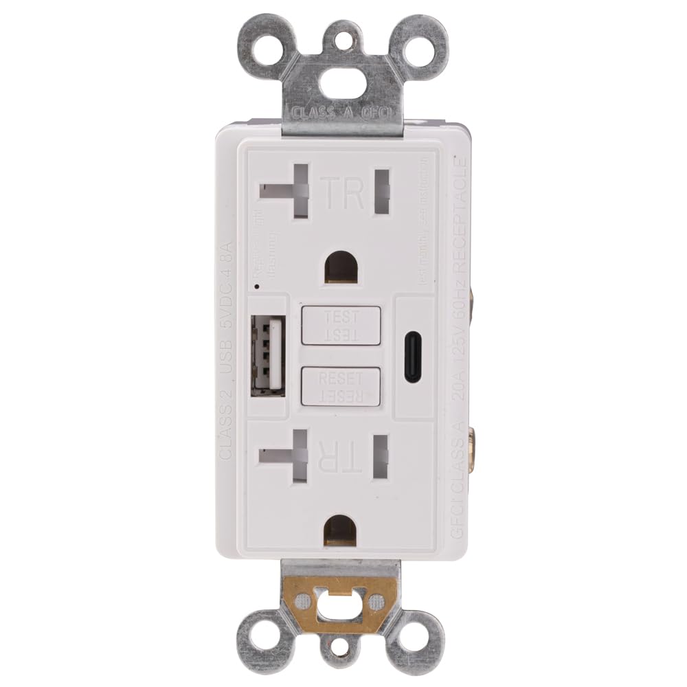 20A Self-Test GFCI Outlet with Type A & Type-C USB Ports | 5V/4.8A Fast Charging for iPhone, Samsung, iPad | ETL Certified | Includes Wall Plate | Ideal for Kitchen, Bathroom & Home Office | 1 Pack, White