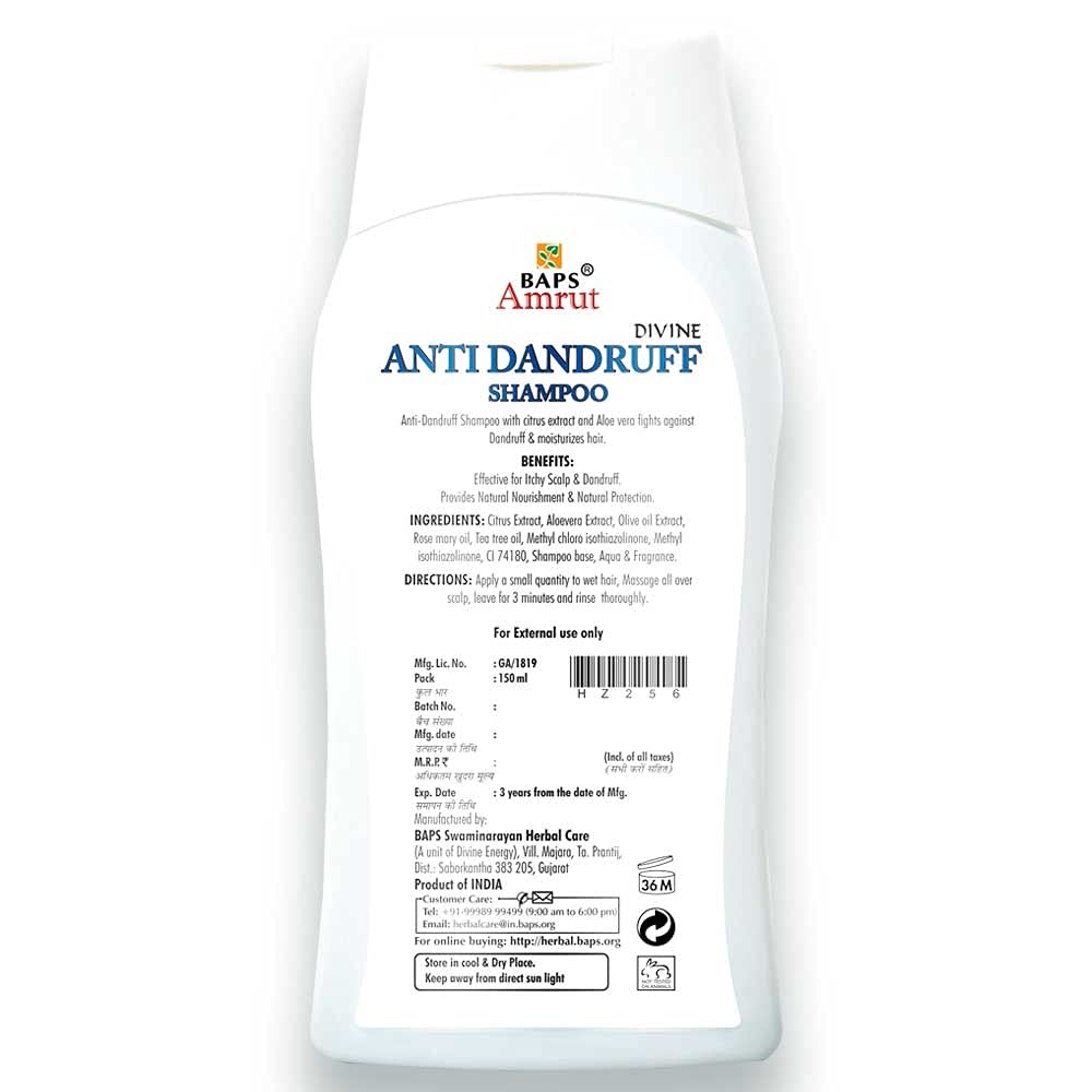 BAPS Amrut Anti Dandruff Shampoo for Men & Women - 150ml Sulfate-Free Formula for Dry Scalp & Itchy Hair - Gentle Daily Use for Flake-Free, Healthy Hair
