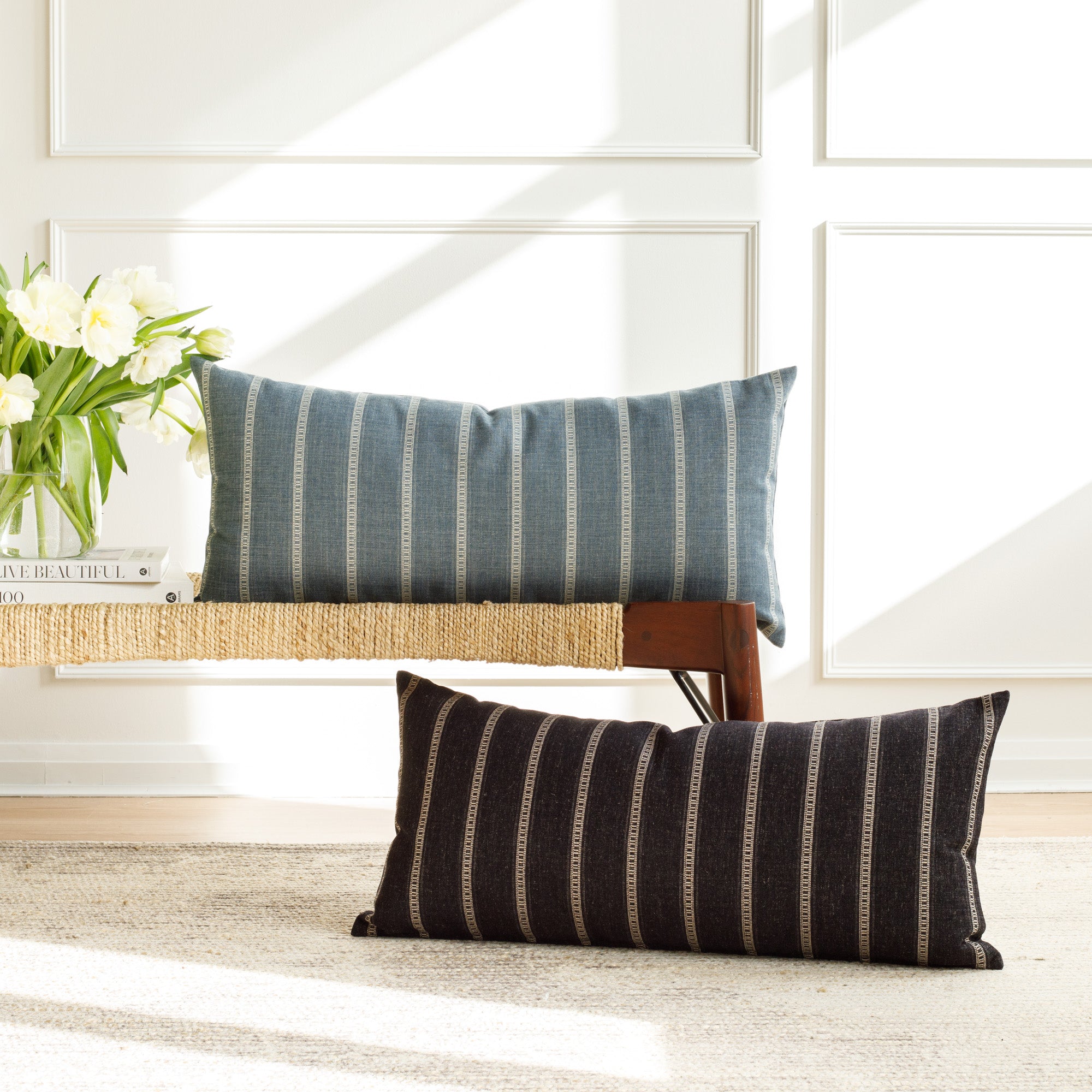 Brunswick Stripe 15x32 XL Lumbar Pillow in Onyx - Perfect for Sofa, Bed & Office Chair Support