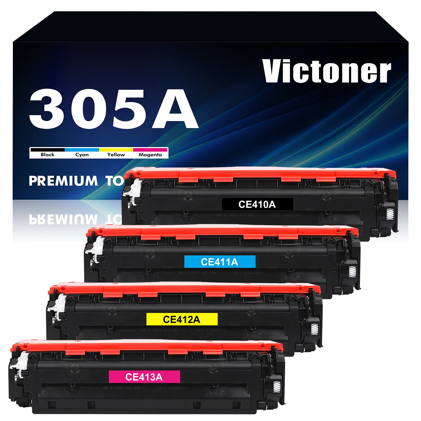 4-Pack 305A Toner Cartridge Replacement for HP 305A/305X/CE410A/CE411A/CE412A/CE413A - Compatible with Pro 400/300 Color Series (M451nw/M475dn/M351/M375/MFP) Printers - High-Yield Printing for Office & Home Use