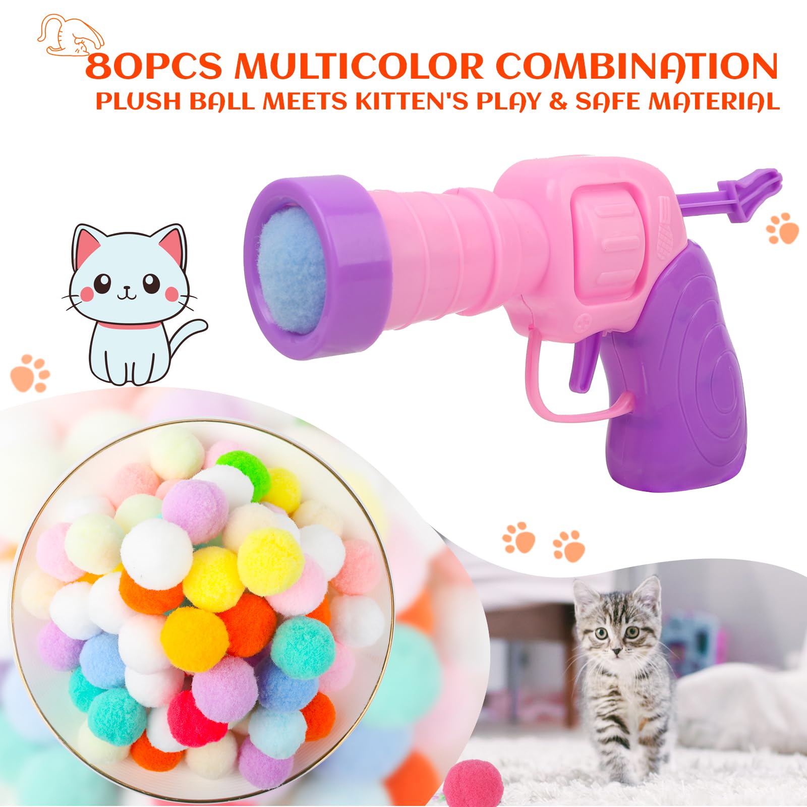 Silent Plush Elastic Cat Ball Launcher Toy with 80 Pom Pom Balls - Interactive Kitty Toy for Indoor Exercise & Play - Perfect for Active Cats & Playful Kittens - Great for Bonding & Stimulating Your Feline Friend (Pink)