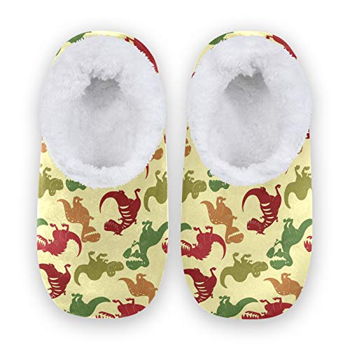 Dinosaur Print Fleece House Slippers for Women & Men - Cozy Indoor/Outdoor Home Shoes (US 5-6) - Perfect for Winter Comfort, Lounge Wear & Gift Giving
