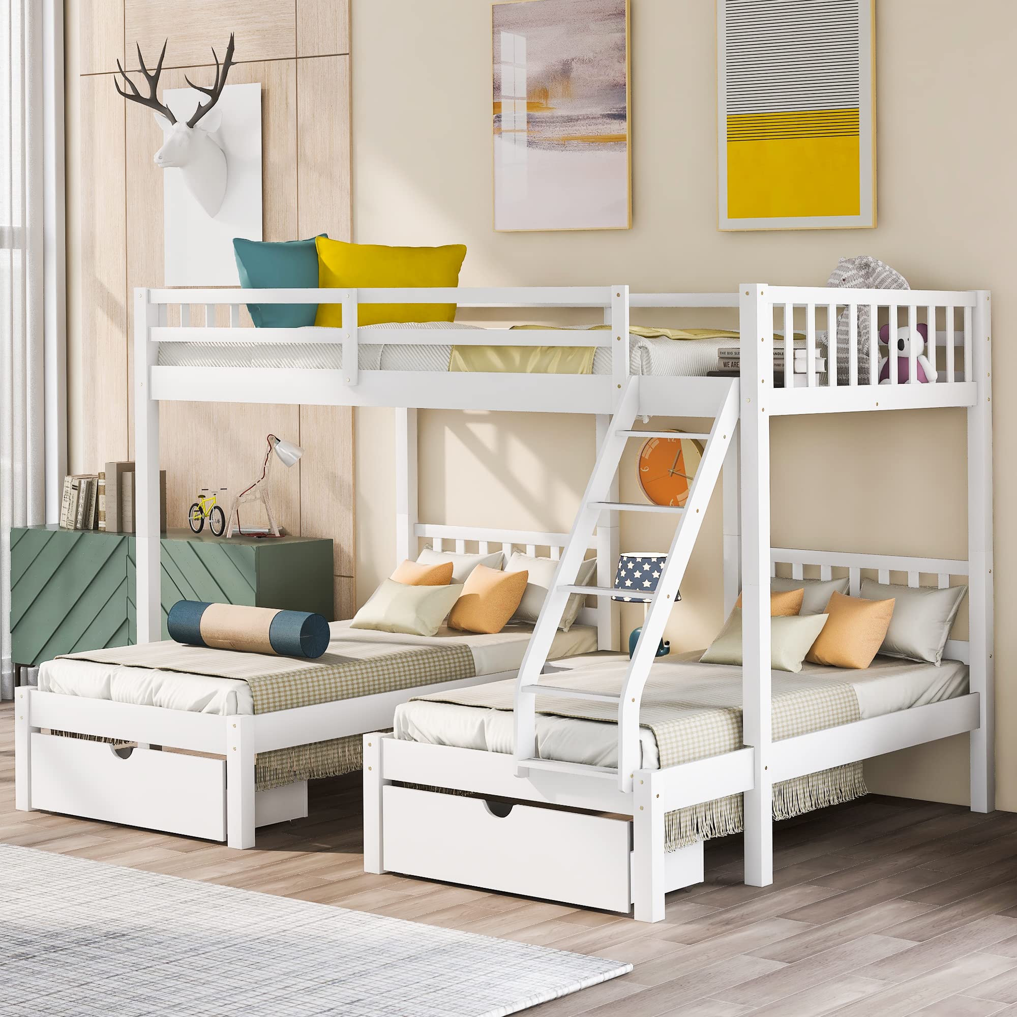 P PURLOVE Twin Over Twin Bunk Bed with Storage Drawers, Ladder & Wooden Slats - Converts to 3 Single Beds, No Box Spring Needed (White) - Perfect for Kids' Bedrooms, Guest Rooms & Space-Saving Solutions