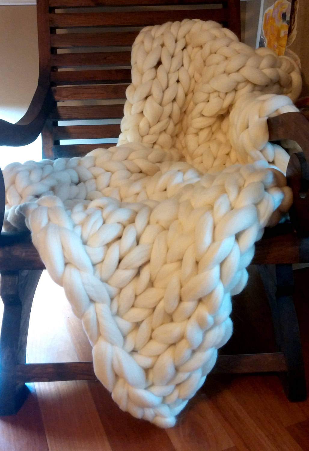 Chunky Knit Blanket - Giant Merino Wool Throw Handmade for Bed, Sofa & Chair - Cozy Home Decor (Beige 40x60 inches) - Perfect for Living Room, Nursery & Winter Snuggling