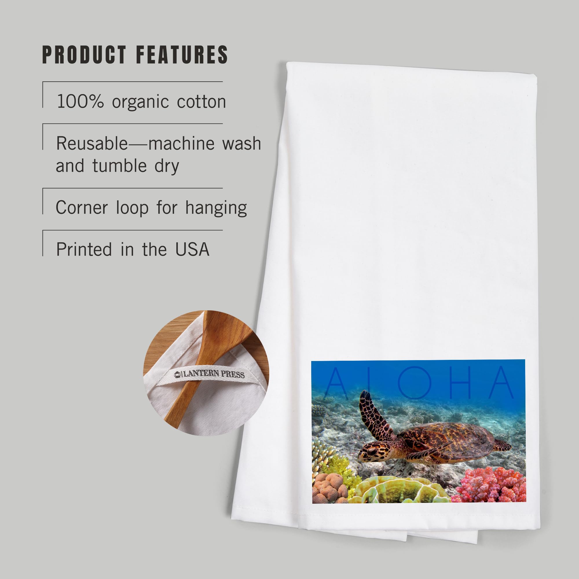 Lantern Press Sea Turtle and Coral Aloha Tea Towel - 100% Cotton Decorative Hand Towel for Kitchen & Home - Perfect for Beach House Decor, Tropical Themed Parties, and Coastal Style Kitchens