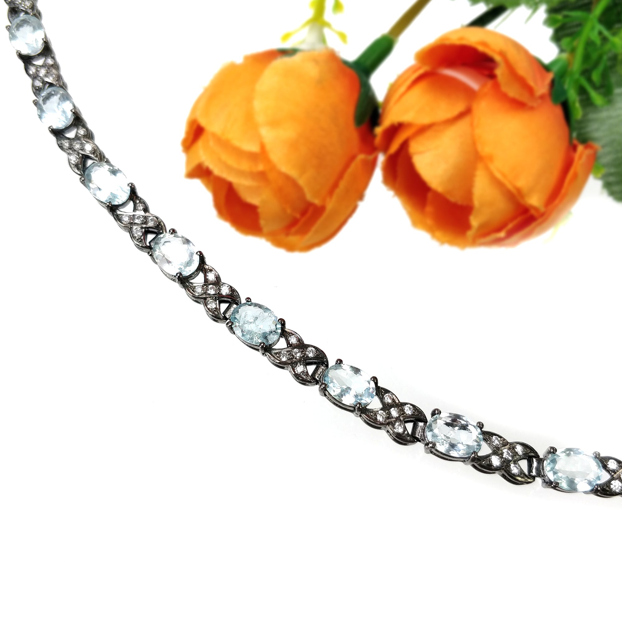 925 Sterling Silver Tennis Bracelet with Natural Aquamarine & CZ Stones - 7.25