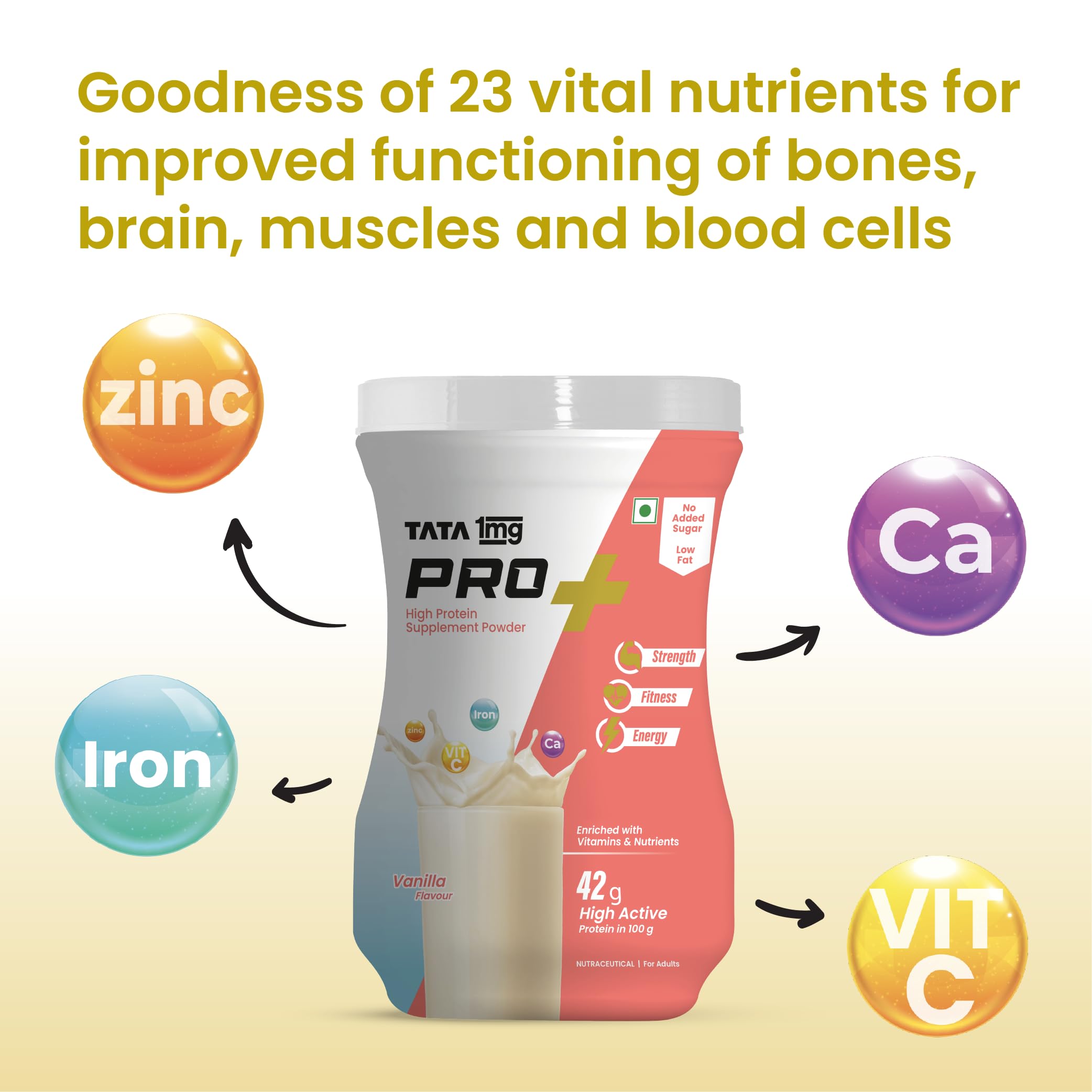 Tata 1mg Pro+ Soy Protein Powder - 23 Essential Nutrients for Muscle Growth, Bone Strength & Energy | Low Fat, No Added Sugar, Vanilla Flavor | Ideal for Post-Workout Recovery, Weight Management & Healthy Lifestyle