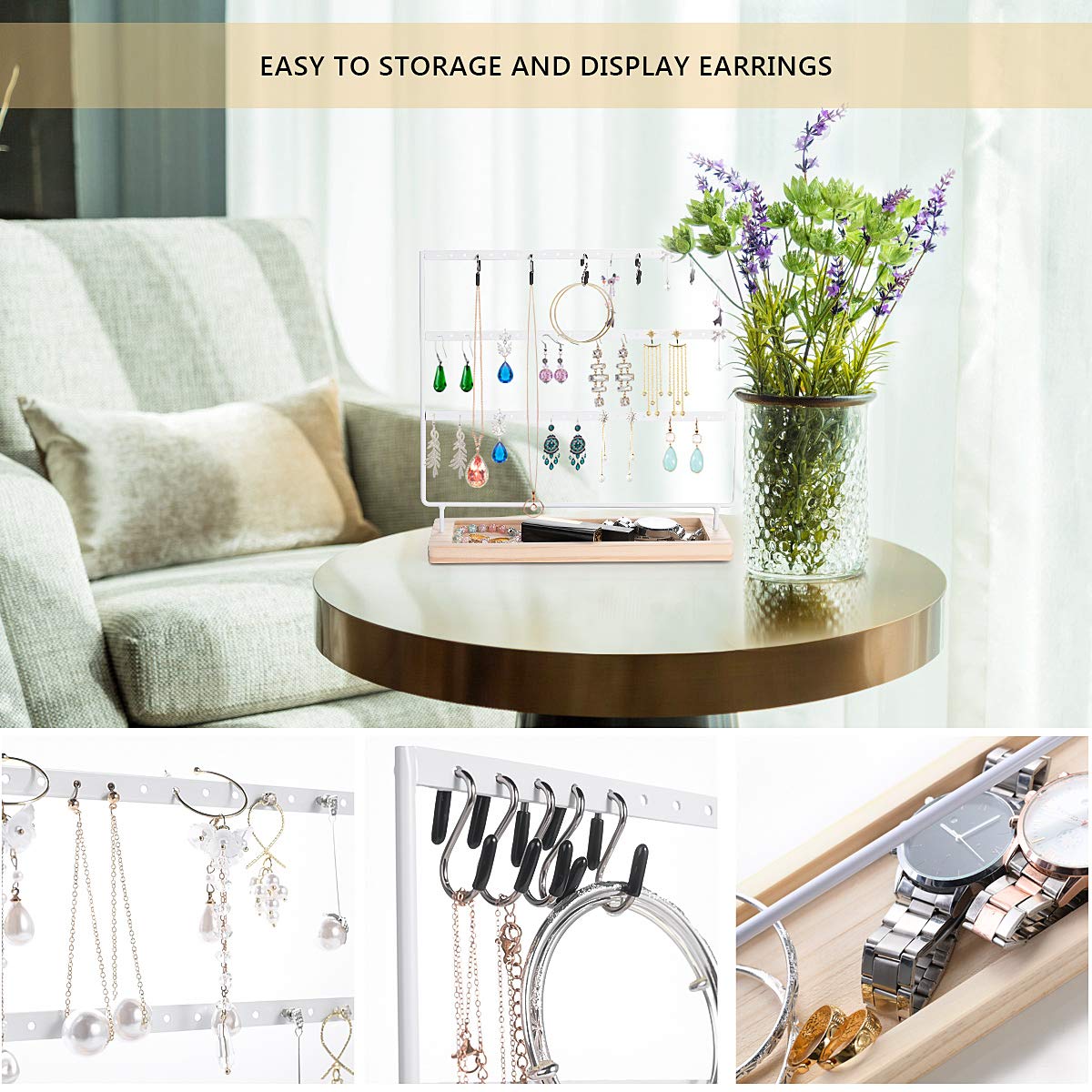 VERGILIUS 3-Tier Jewelry Organizer Stand - White Earring & Necklace Holder Display Tree for Earrings, Necklaces, Bracelets - Perfect for Bedroom, Bathroom, Dresser & Travel Jewelry Storage