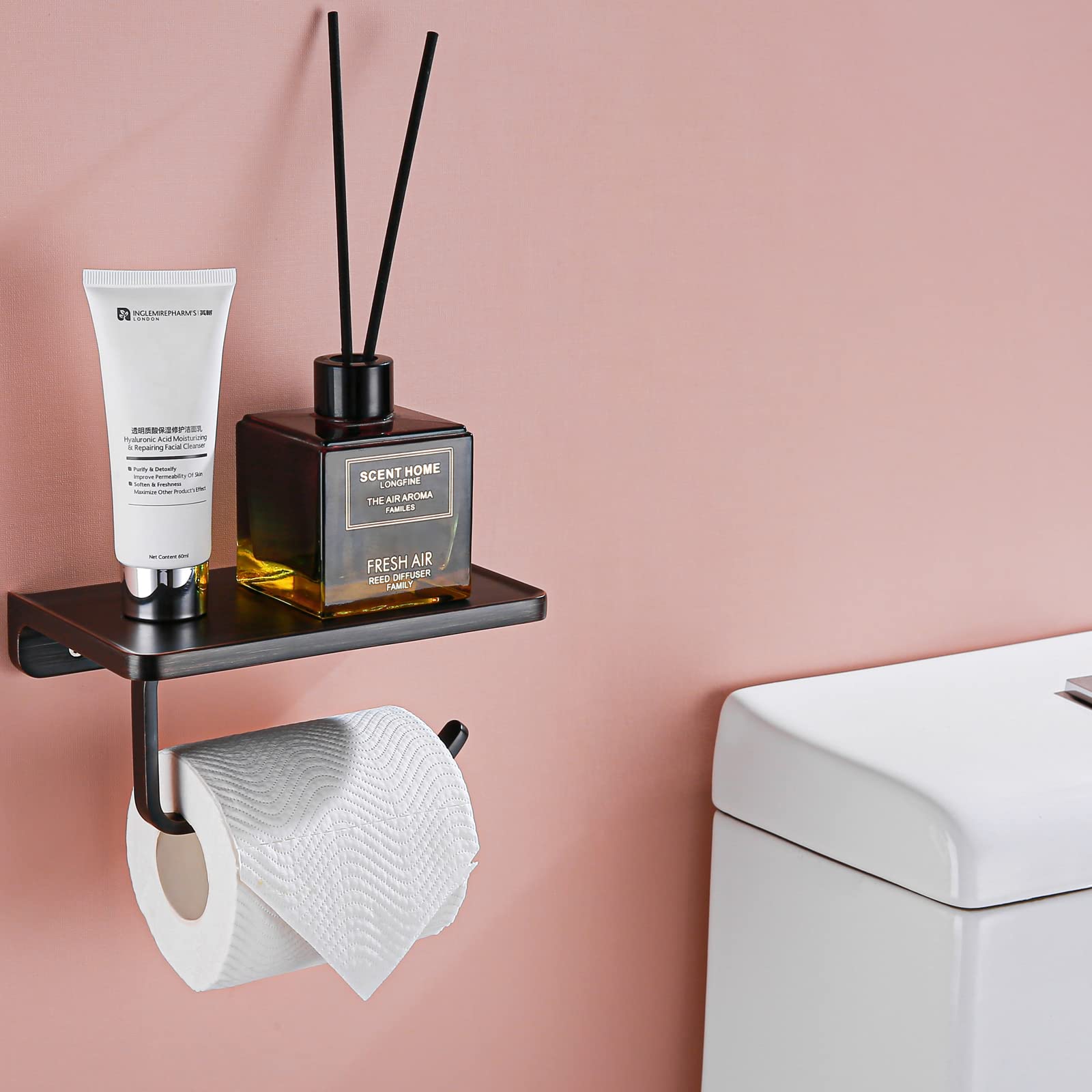 Oil Rubbed Bronze Toilet Paper Holder with Phone Shelf - Wall Mounted Bathroom Tissue Roll Holder - Solid Metal Design for Toilet Paper & Smartphone Storage - Perfect for Small Bathrooms & Powder Rooms - RD93008-ORB