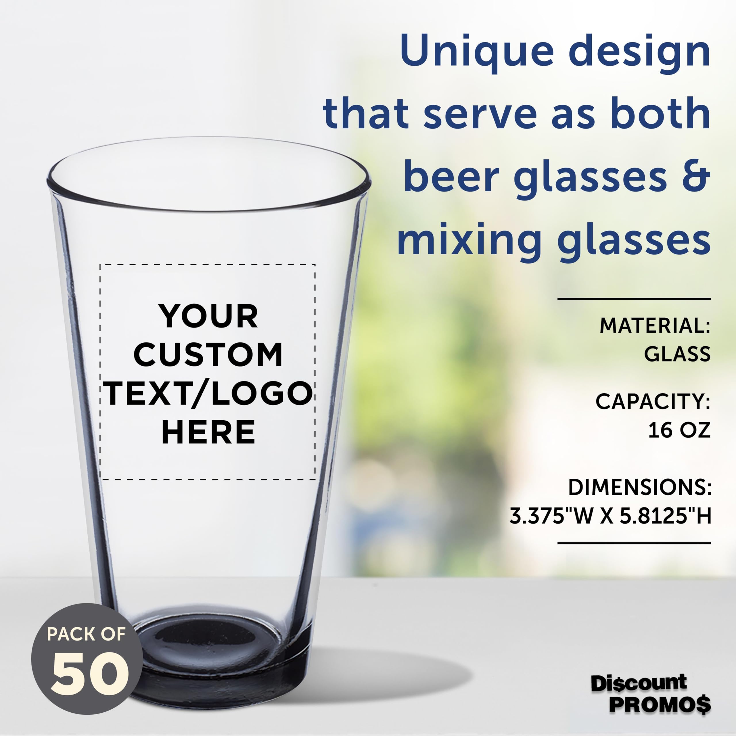 Custom 16 oz Beer Pint Glasses - Bulk Set of 50 Personalized Bar Glasses with Thick Base & Walls | Heavy Duty Stackable Glassware for Restaurants, Bars & Home Use | Perfect for Commercial Establishments, Parties & Gifts