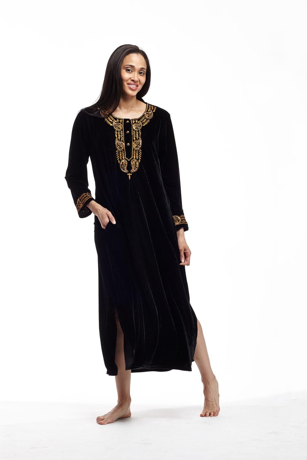 LA CERA Women's Velvet Embroidered Dress - Elegant Scoop Neck Long Sleeve Formal Dress with Side Pockets for Holiday Parties, Weddings & Evening Events (Hand Wash Only)
