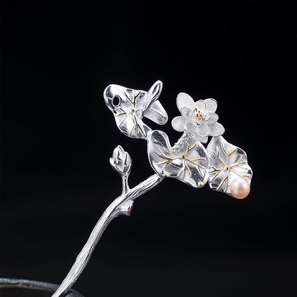 Handmade Sterling Silver S925 Hair Fork for Buns & Updos - Summer Lotus Hair Pins for Long Hair - Elegant Hair Sticks with Gift Box - Perfect for Weddings, Parties & Everyday Styling