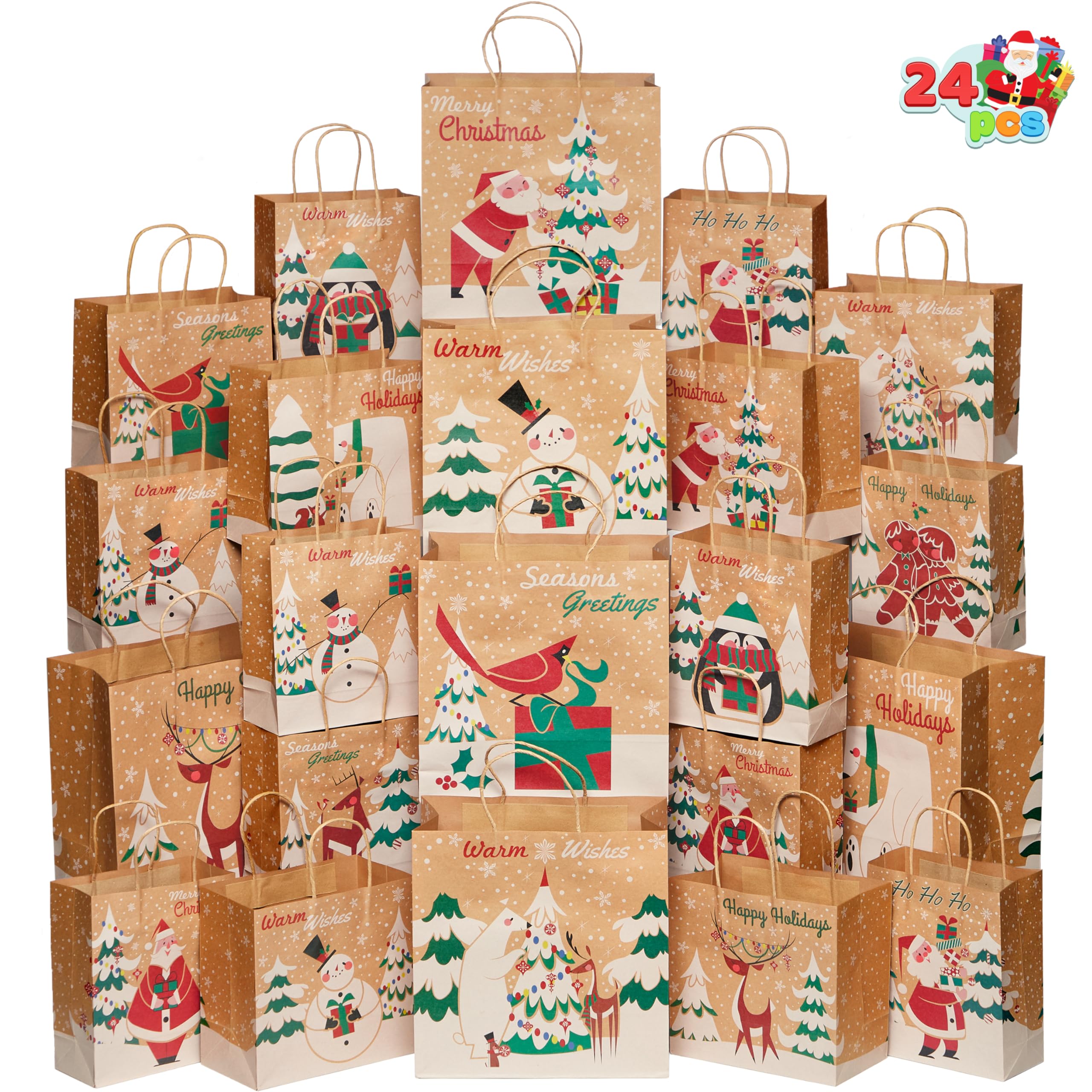 JOYIN 24-Piece Christmas Kraft Gift Bags Set - Assorted Holiday Designs for Wrapping Presents (Classic Style, Tissue Paper Not Included) - Perfect for Christmas Party Favors, Stocking Stuffers & Holiday Gift Giving