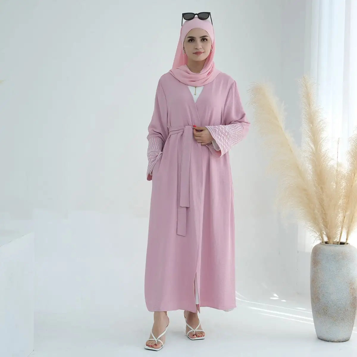 Elegant Muslim Women's Embroidered Open Abaya Dress with Sleeve - Modest Islamic Fashion for Prayer, Hijab Outfits & Special Occasions