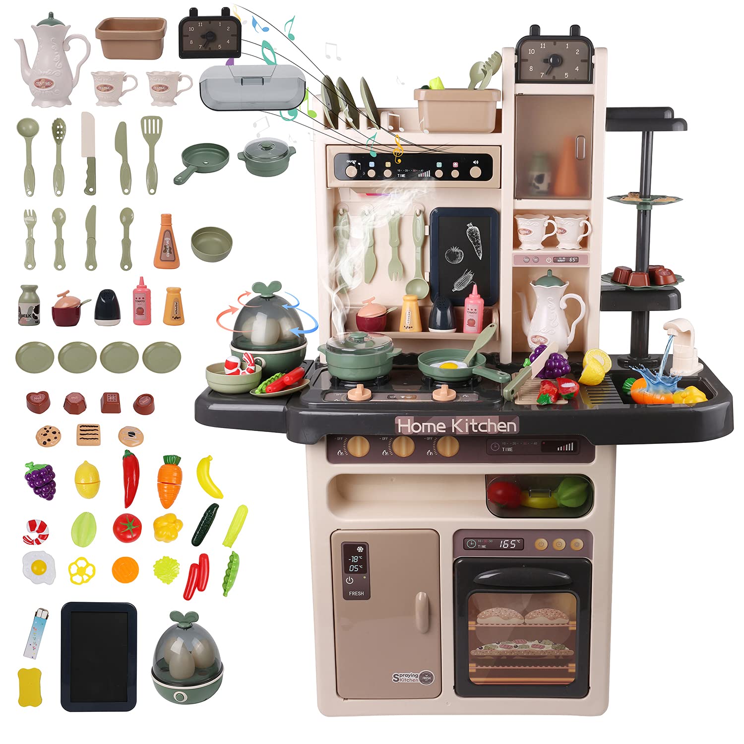 Interactive Kids Kitchen Playset with LED Lights, Realistic Sounds & Running Water - Pretend Play Sink with Cuttable Play Food - Perfect for Toddler Role Play & Early Learning at Home
