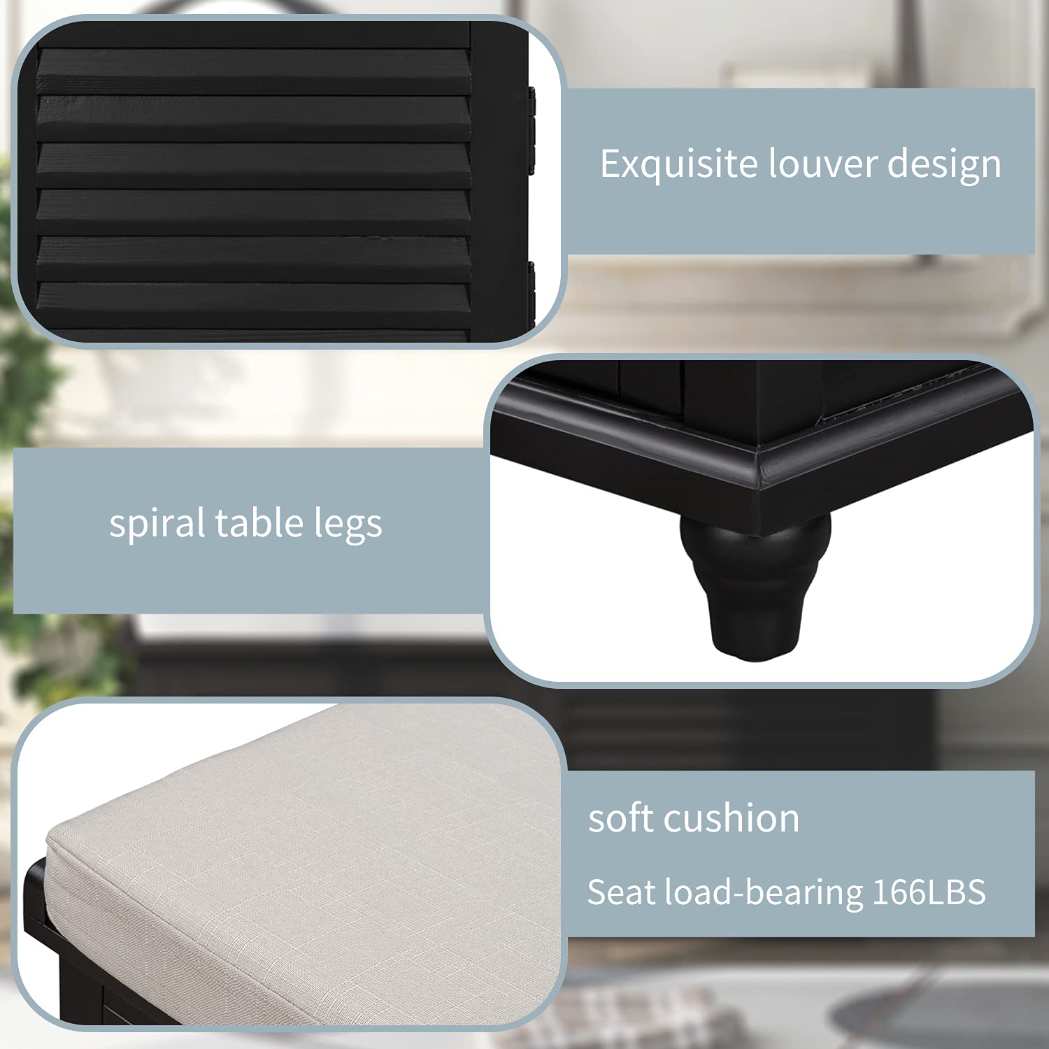 RUNNA Solid Wood Entryway Storage Bench with Removable Cushion - 2 Door Louver Shoe Bench for Hallway, Living Room & Entryway - Perfect for Organizing Shoes, Hats & Home Decor (Black)