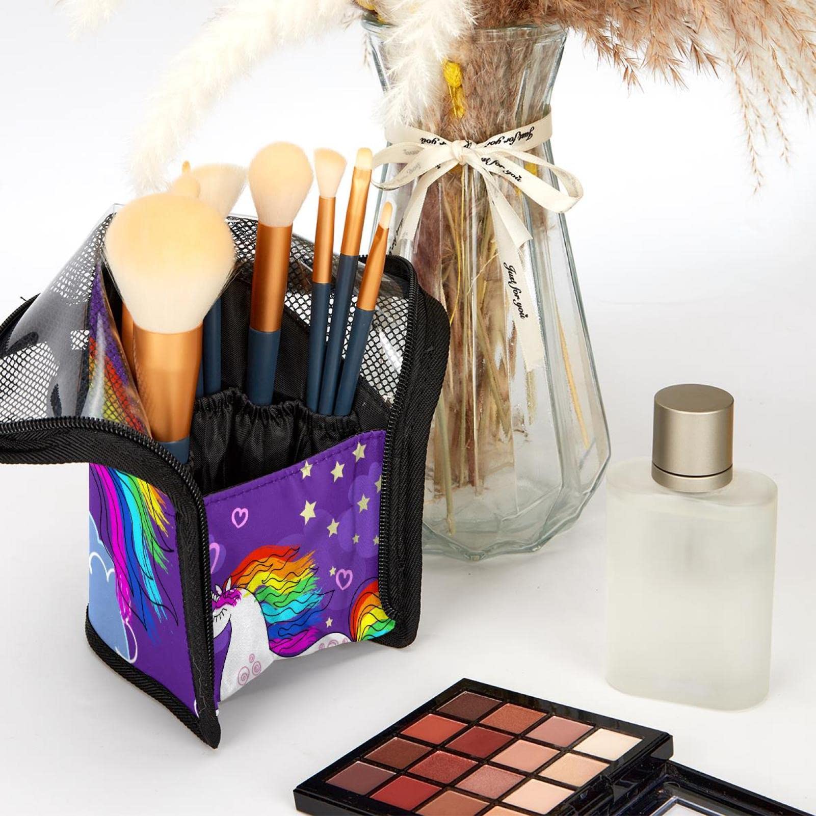 12-Piece Unicorn Rainbow Moon Cloud Makeup Brush Organizer Bag - Portable Travel Cosmetic Brush Holder Set for Professional & Home Use