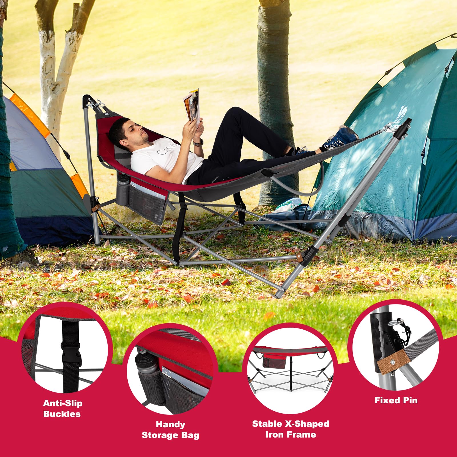 Giantex Portable Folding Hammock with Stand - Heavy Duty Camping Bed for Indoor & Outdoor Use, Patio, Yard, Beach - Includes Side Pocket & Anti-Tip Buckles, Sturdy Iron Frame (Red) - Perfect for Relaxing, Lounging, Camping Trips and Backyard Getaways