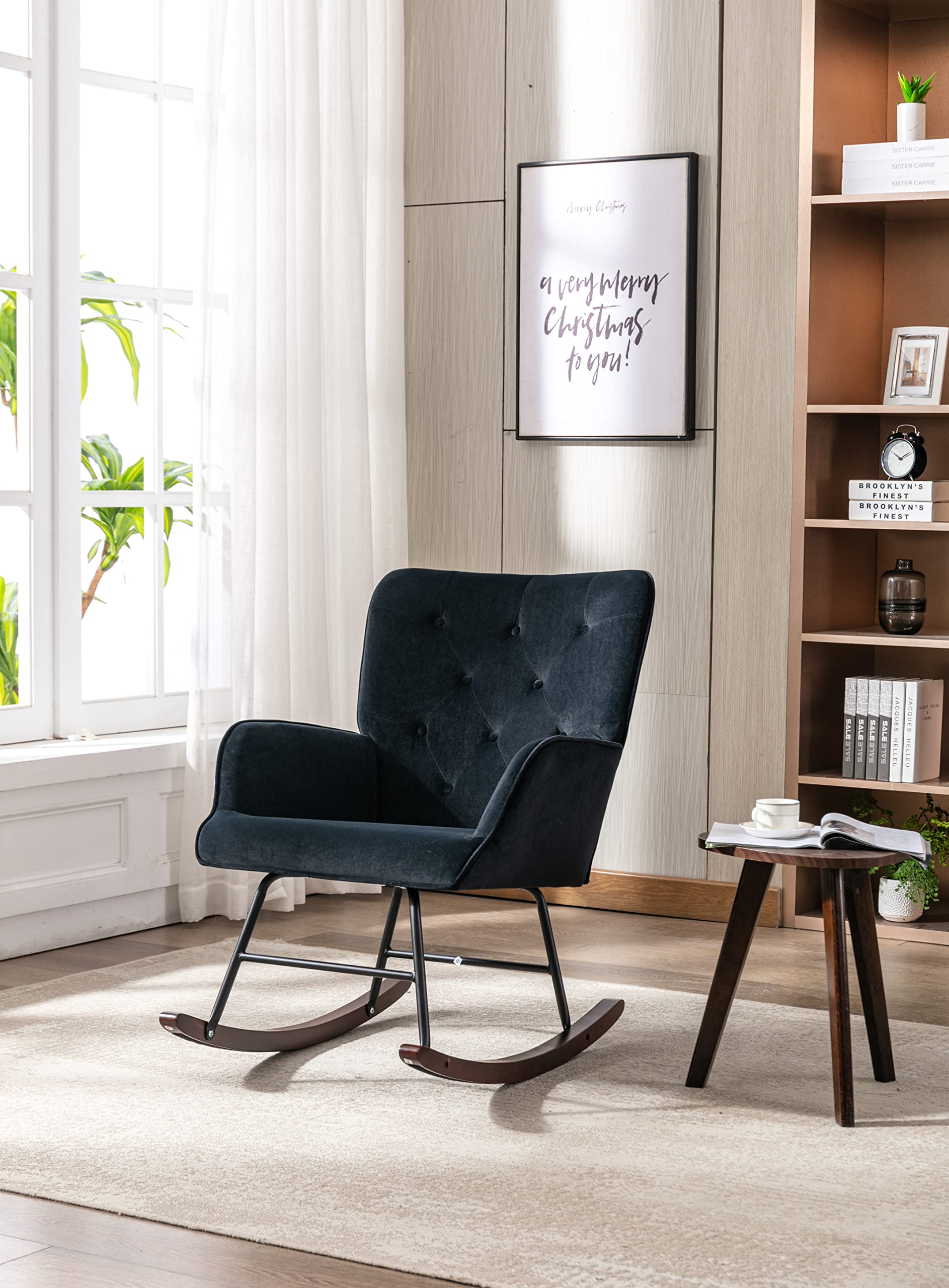LUKYRA Velvet Rocking Chair - Comfortable Accent Armchair for Living Room, Bedroom & Home Office - Soft Upholstered Lounge Chair with Ergonomic Support (Black) | Perfect for Relaxing, Reading & Nursing