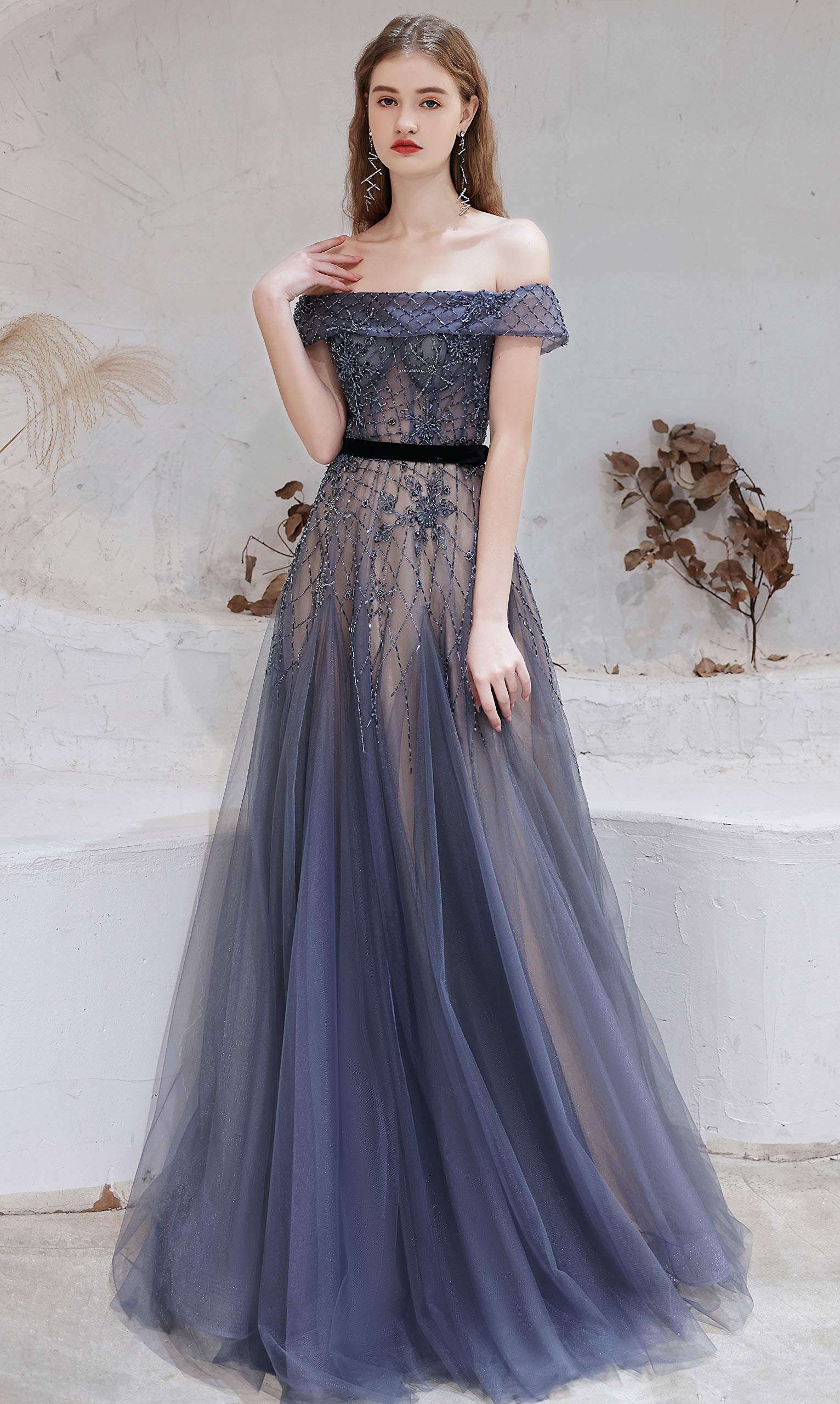 Elegant Off-Shoulder Beaded Tulle Evening Gown for Women - Long Formal Dress for Prom, Wedding & Special Occasions