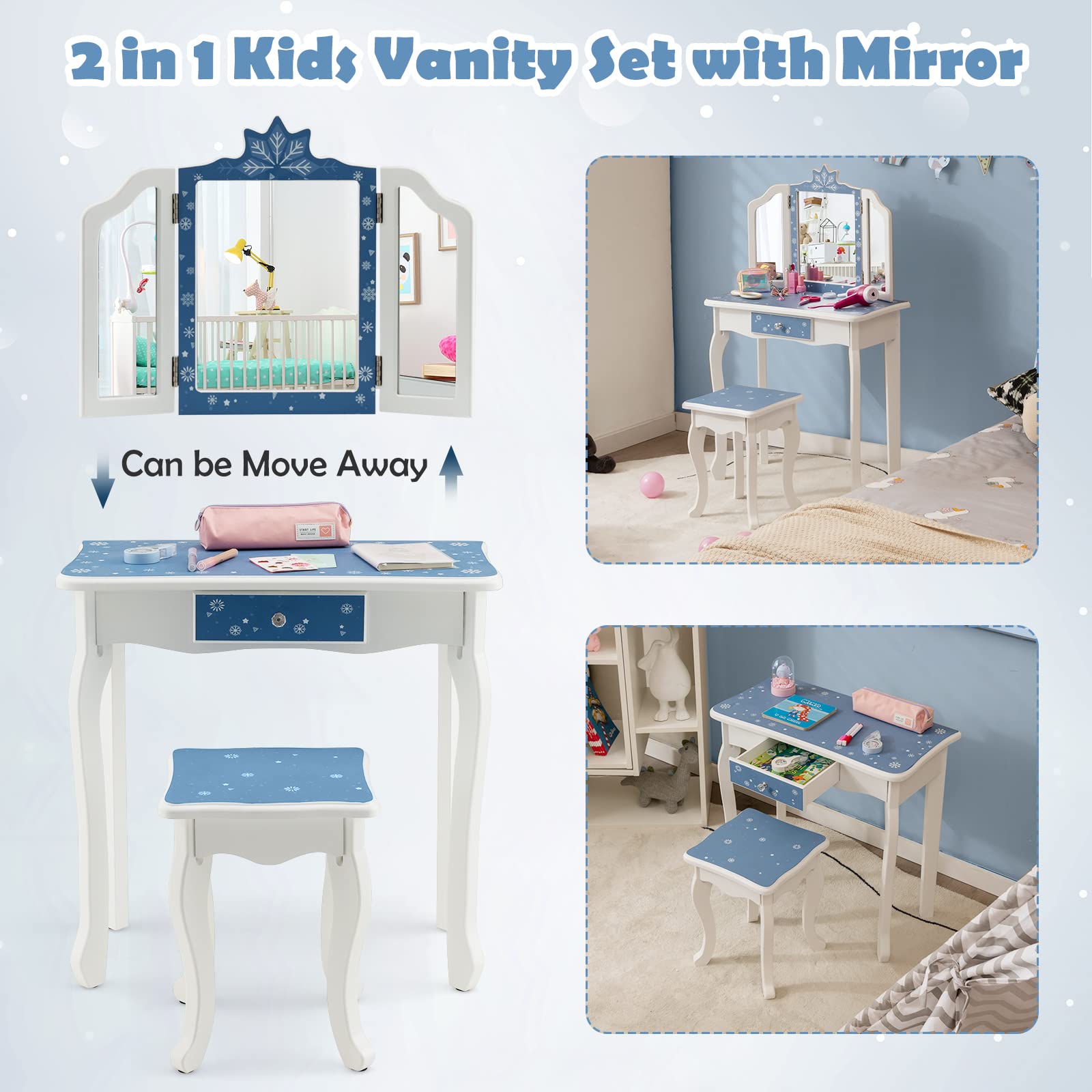 Honey Joy Kids Vanity Set - Princess Makeup Table with Mirror & Stool for Girls Bedroom (Blue) - Perfect for Dress-Up & Pretend Play