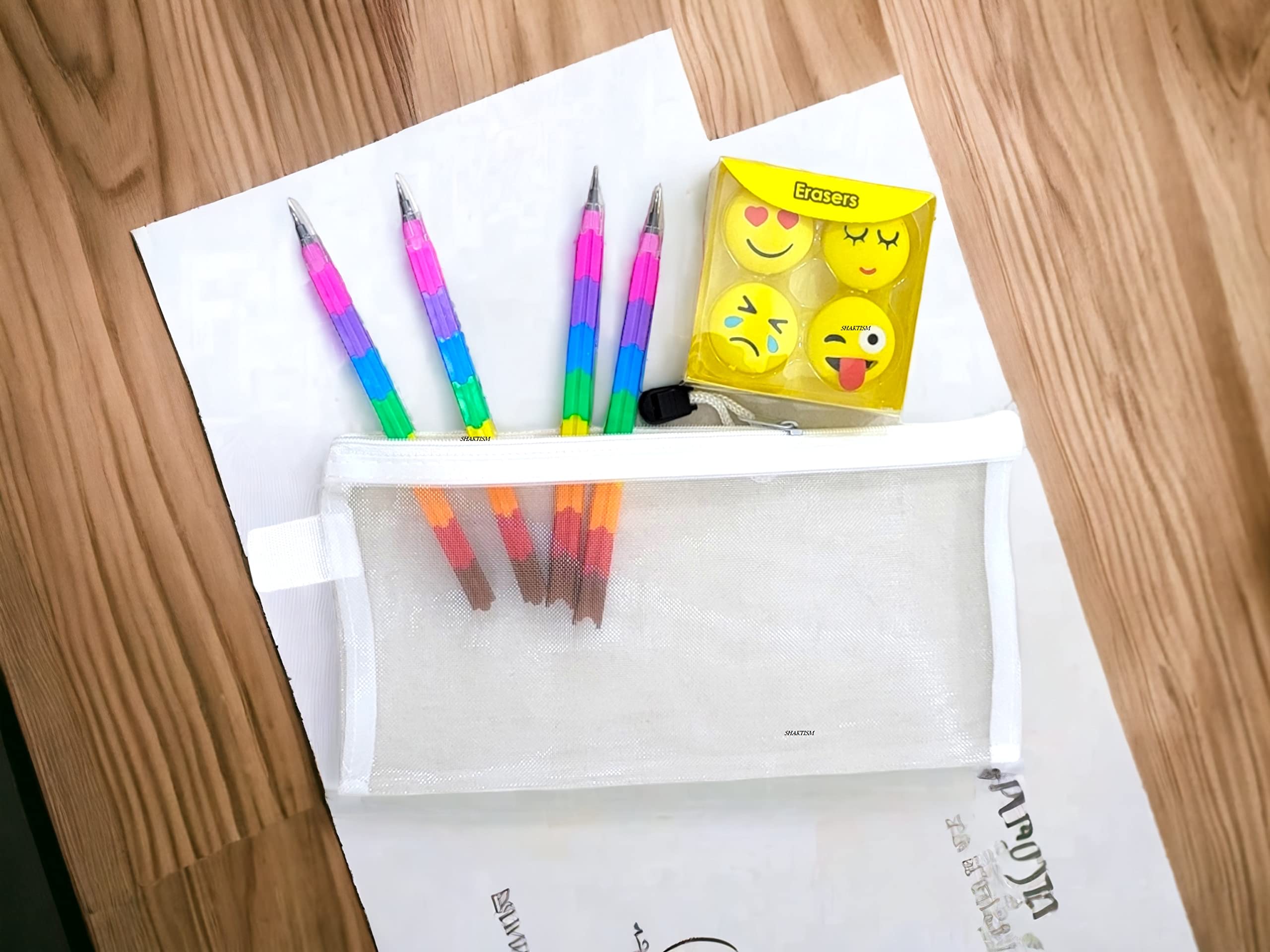 Shaktism Mechanical Pencils & Eraser Set - 12-Piece Writing Kit with Emoji-Shaped Erasers, Transparent Pouch for School, Office & Art | Perfect Gift for Kids, Boys & Girls | Back to School Supplies, Birthday Present & Classroom Essentials