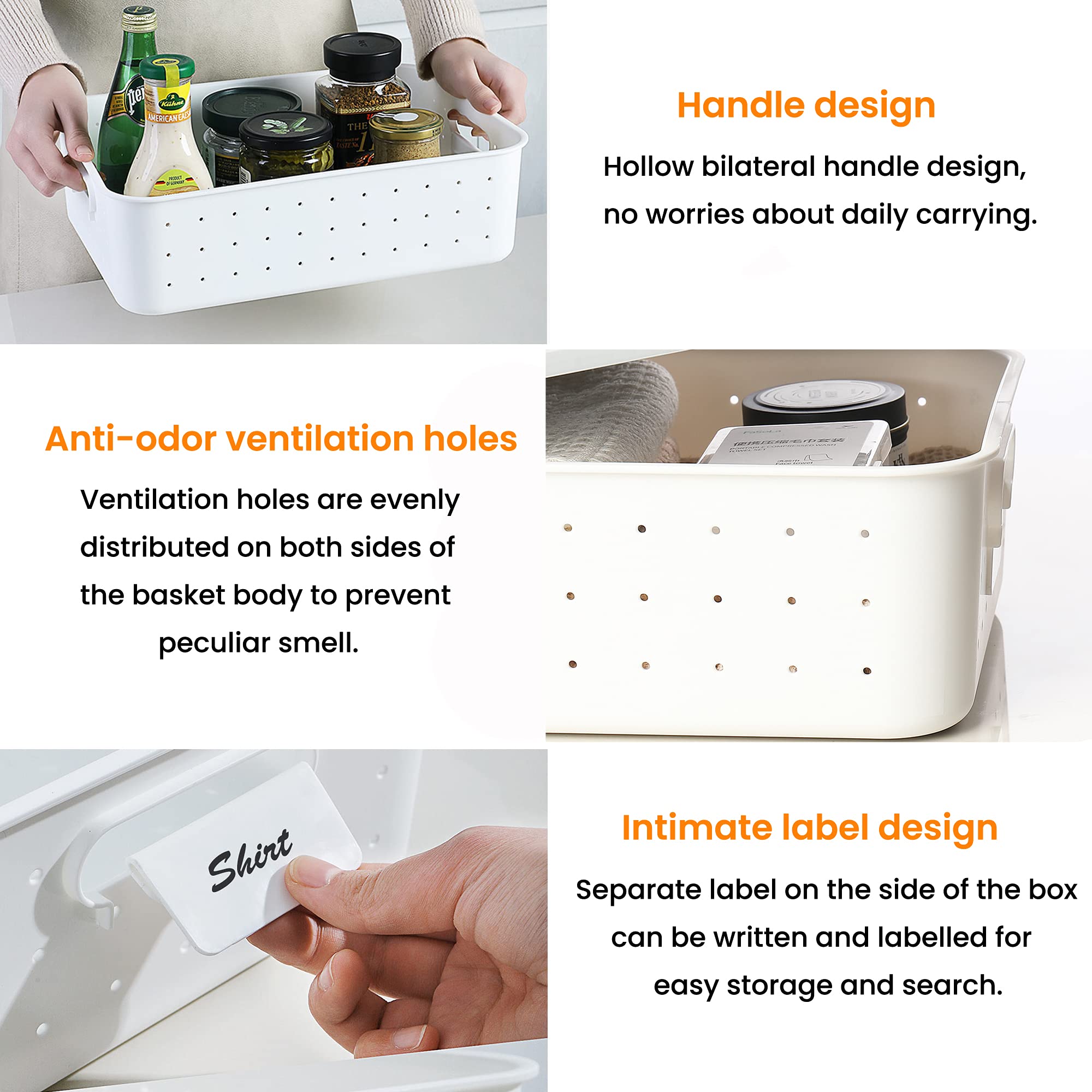 Durable Plastic Storage Baskets with Lid - Stackable Organizer for Closet & Office (14x10x8in, White)