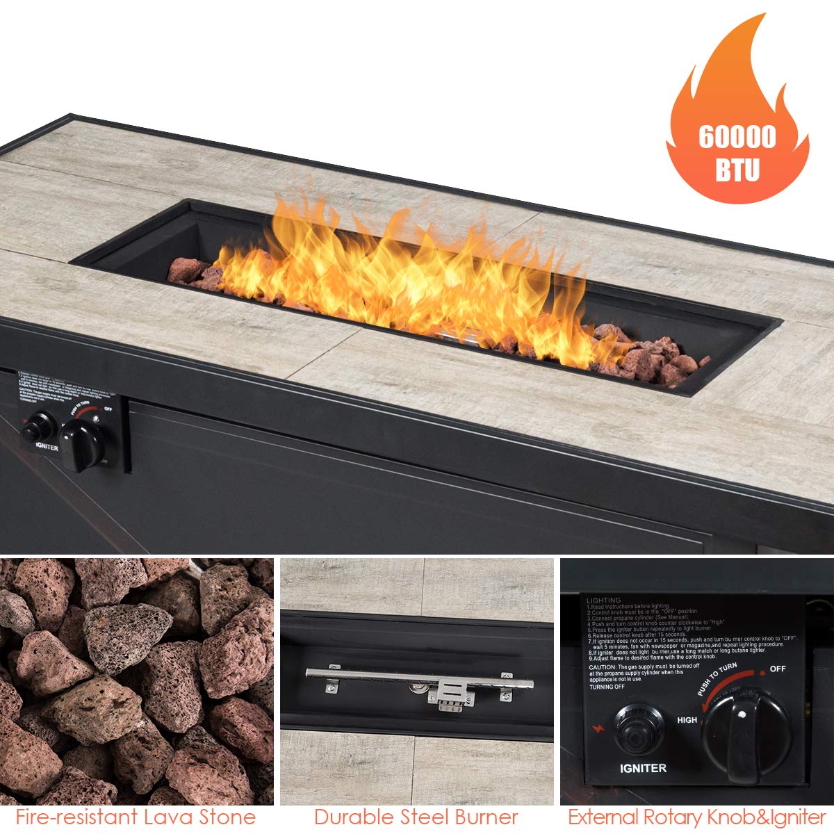 42 Inch Giantex Rectangular Propane Fire Pit Table with Ceramic Tabletop - 60,000 BTU Outdoor Gas Heater with Electronic Ignition, Lava Rocks, Waterproof Cover & Table Cover - Perfect for Patio, Backyard, Deck & Outdoor Gatherings