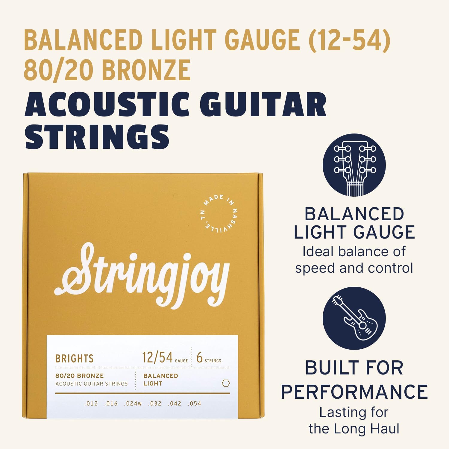 Stringjoy BB1254 Brights 80/20 Bronze Light Acoustic Guitar Strings - 12-54 Light Gauge 6-String Set for Warm Tone & Smooth Playability | Durable Premium Guitar Accessories for Folk, Country & Fingerstyle Playing