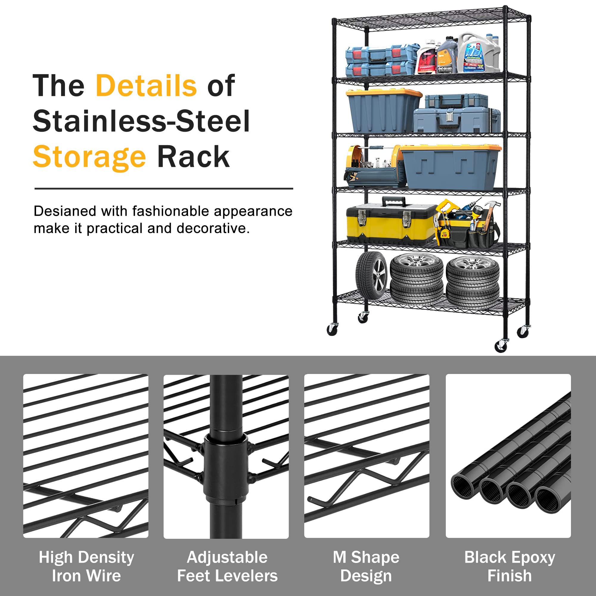 PIKAQTOP 6-Tier Heavy Duty Metal Shelving Unit - 2100LBS Capacity Adjustable Wire Rack for Kitchen, Garage & Pantry Storage | Commercial-Grade Shelves with Wheels & Leveling Feet | Perfect for Home Organization, Warehouse & Retail Use