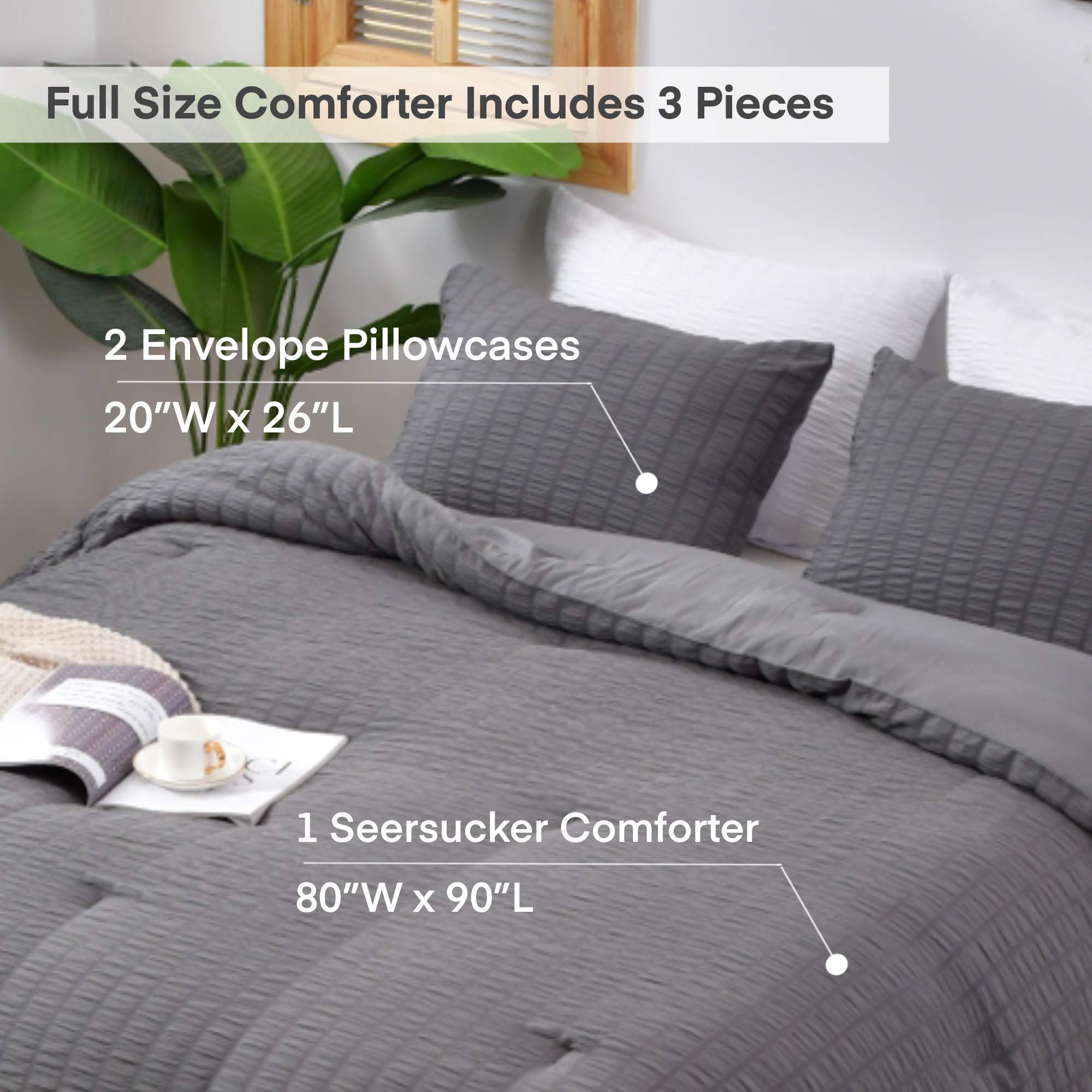 AveLom Seersucker Full Comforter Set (80x90 inches) - 3 Piece 100% Soft Washed Microfiber Lightweight Bedding Set with 2 Pillowcases | All Season Down Alternative Comforter for Queen/Full Size Beds | Breathable & Cozy for Summer, Winter, and Year-Round Comfort (Gray)