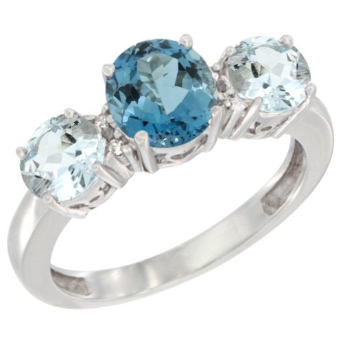 10K White Gold 3-Stone Natural London Blue Topaz & Aquamarine Ring with Diamond Accent - Size 5-10 | Elegant Birthstone Jewelry for Women | Perfect for Anniversaries, Engagements & Special Occasions