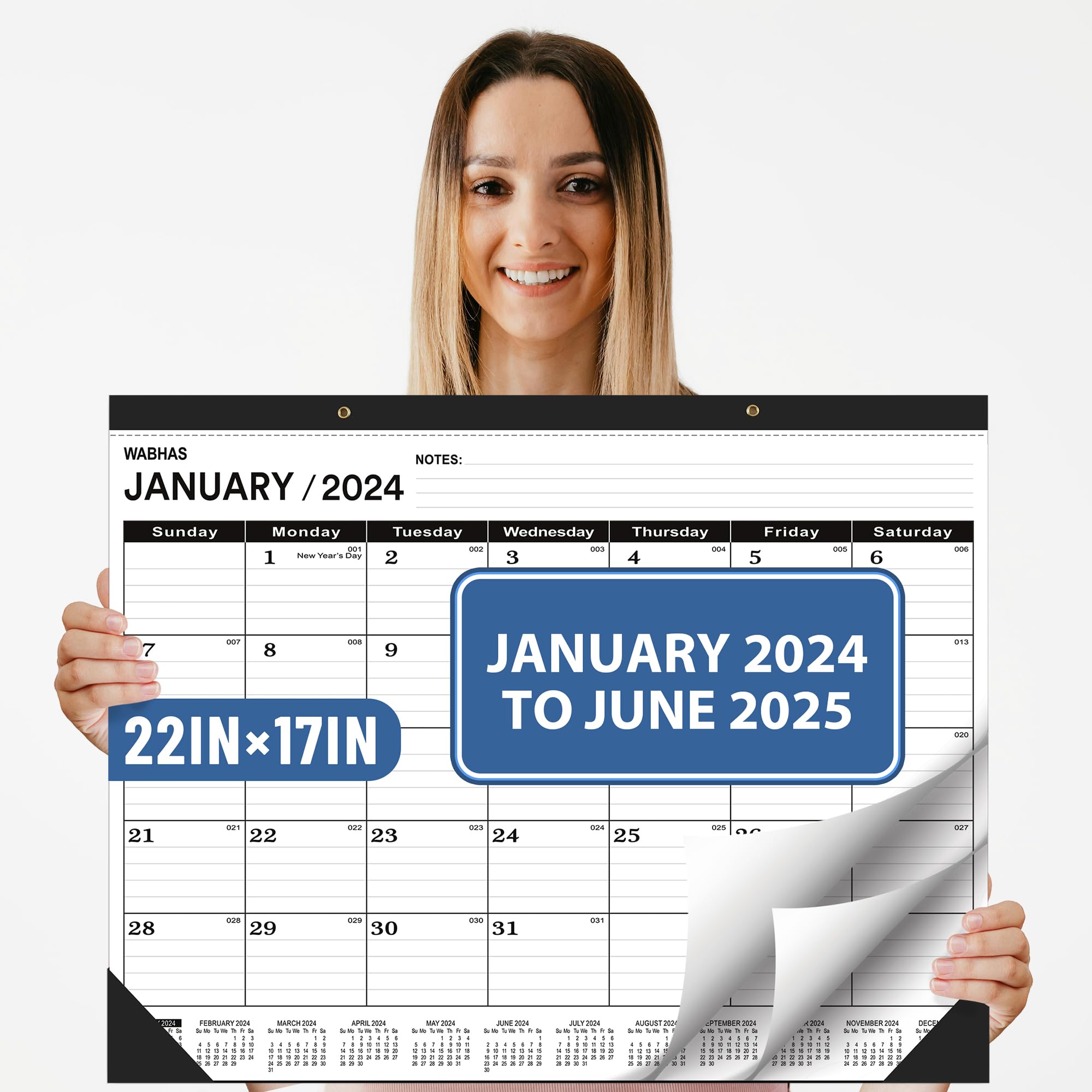 2024-2025 Large Desk Calendar 22x17 Inches - 18 Monthly Pages with Round Holes & Notes Section - Perfect for Office, Home, School and Gift Giving (Black)