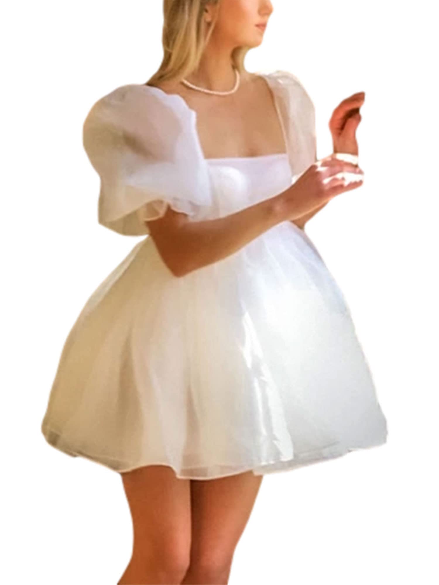 Elegant Off Shoulder Puffy Sleeve Prom Dresses for Women - Tulle Princess Wedding Party Mini Dress with Ruffle Mesh Details | Perfect for Homecoming, Formal Events & Special Occasions