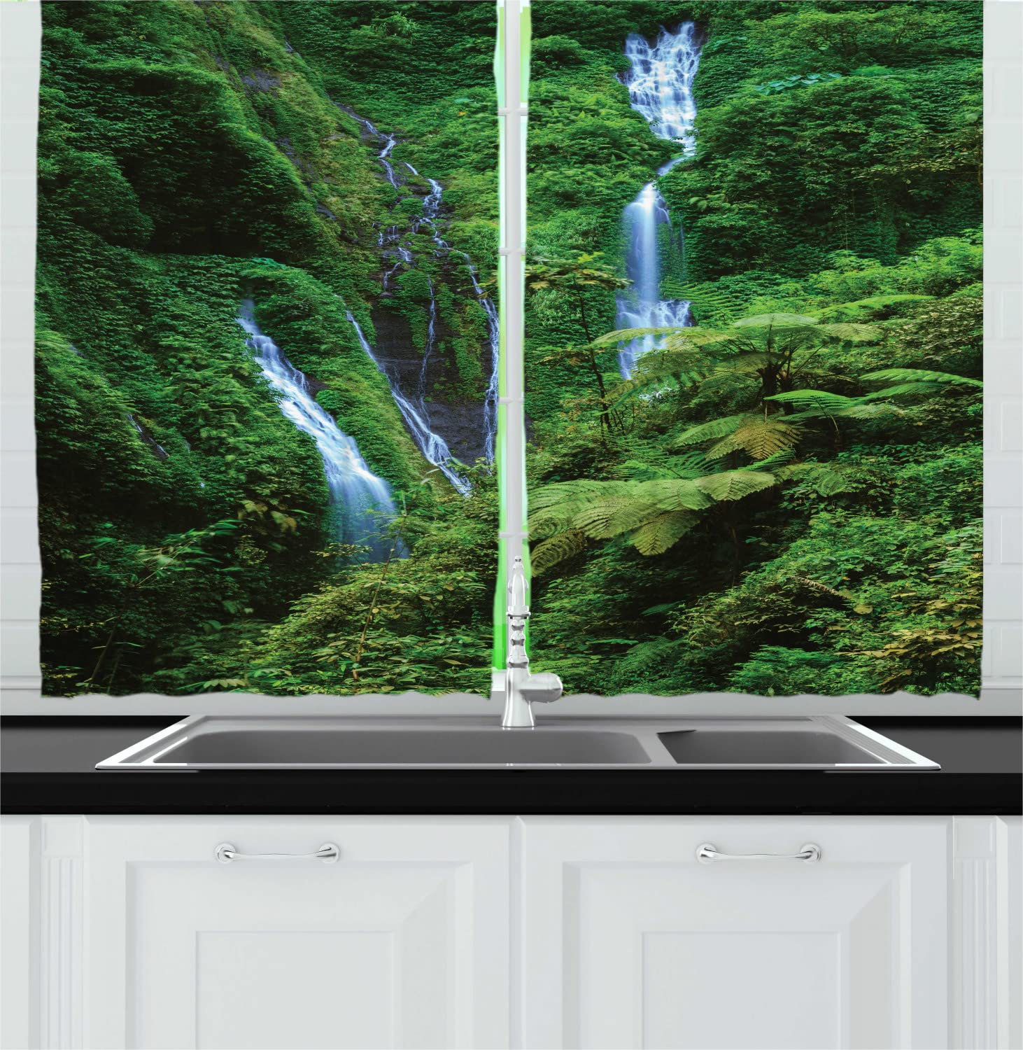 Ambesonne Landscape Long Kitchen Curtains - Indonesia Madakaripura Waterfall Aerial Nature Jungle Print, 2 Panel Rod Pocket Drapes for Living Room & Bedroom Decor, 55 x 45 Inches, Green Pale Sky Blue - Perfect for Nature Lovers & Tropical Theme Home Decor