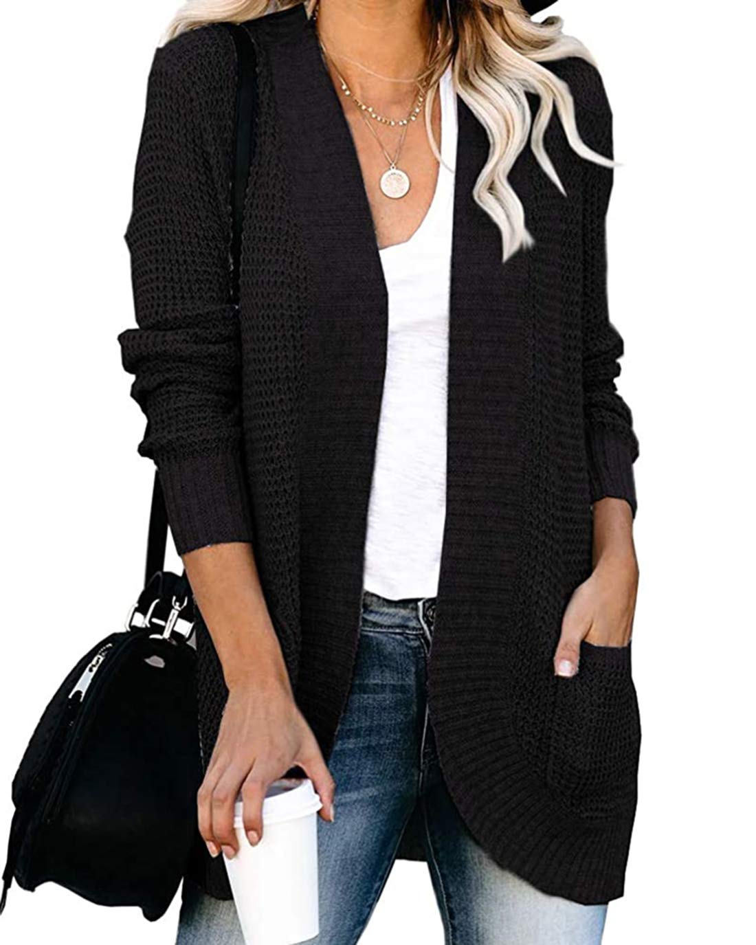 Moonetto Women's Long Sleeve Open Front Waffle Knit Cardigan - Chunky Knit Draped Sweater with Pockets - Cozy Fall & Winter Layering Piece for Office, Casual Outfits and Loungewear