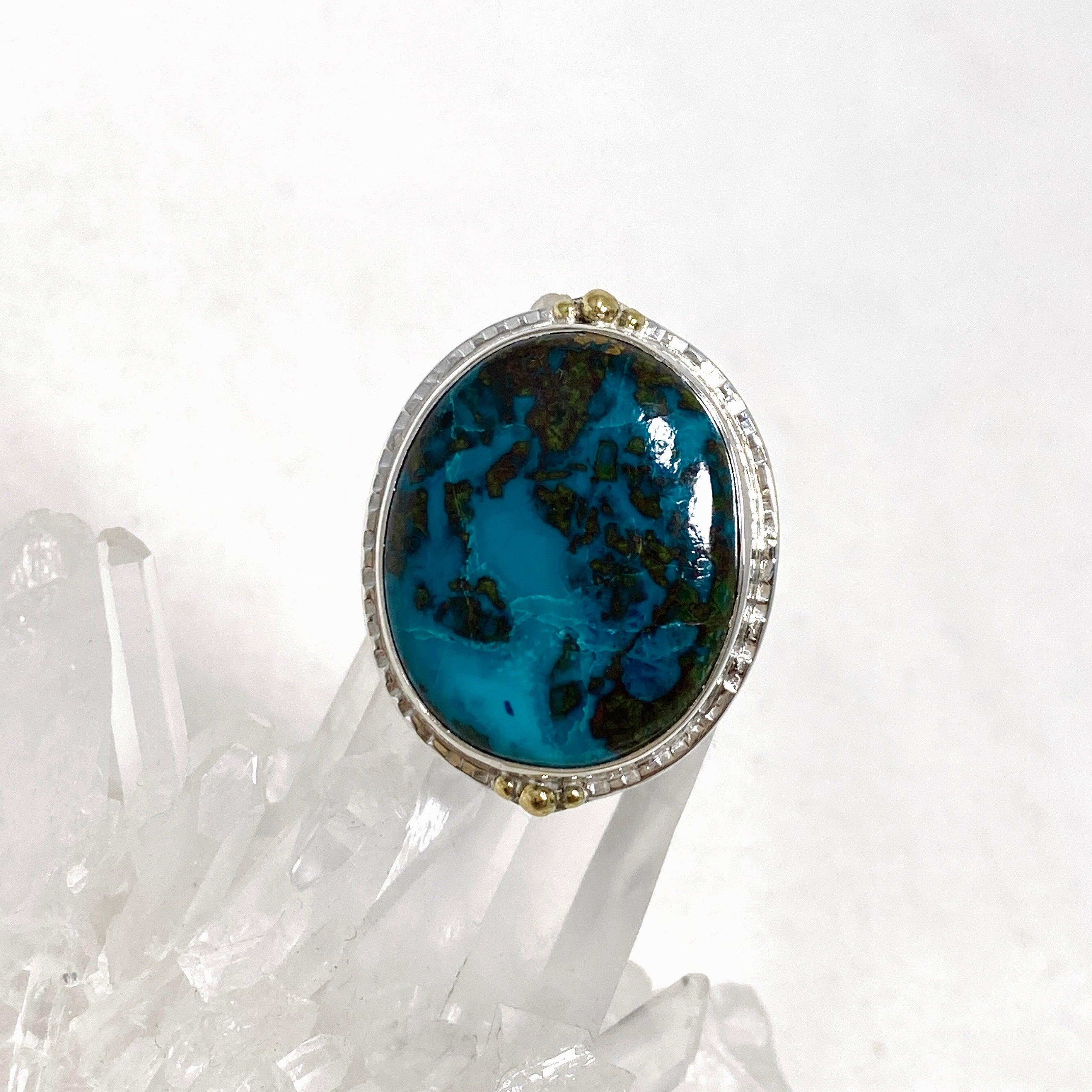 Chrysocolla and Shattuckite Oval Ring with Brass Accents - Size 11 - KRGJ3226 - Perfect for Boho Jewelry Lovers & Spiritual Healing