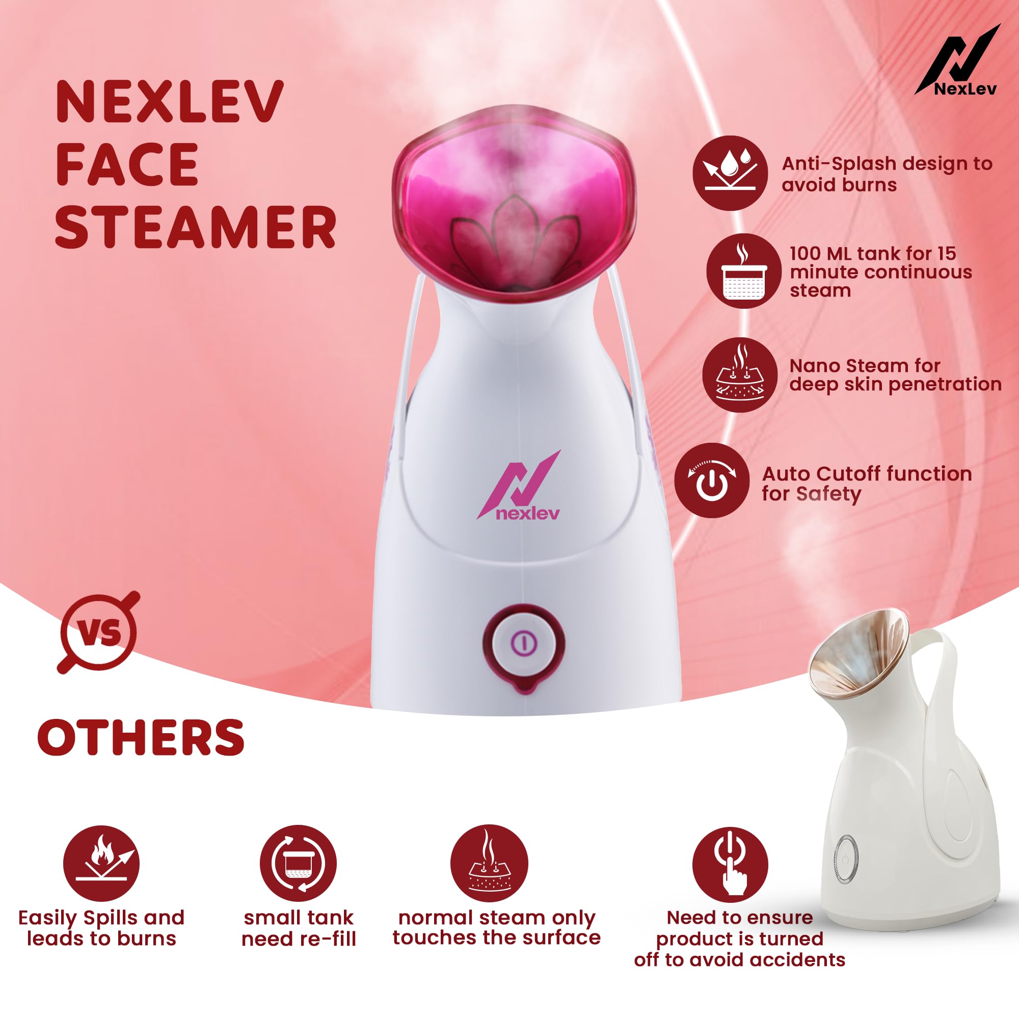 NexLev Steamer for Cold & Cough Relief - Nano Ionic Facial Steam Inhaler & Aromatherapy Vaporizer with UV Sterilization | 30-Second Fast Heating, Burn & Spill Protection | Perfect for Sinus Relief, Dry Skin Care, and Essential Oil Diffusion | Model FS-01